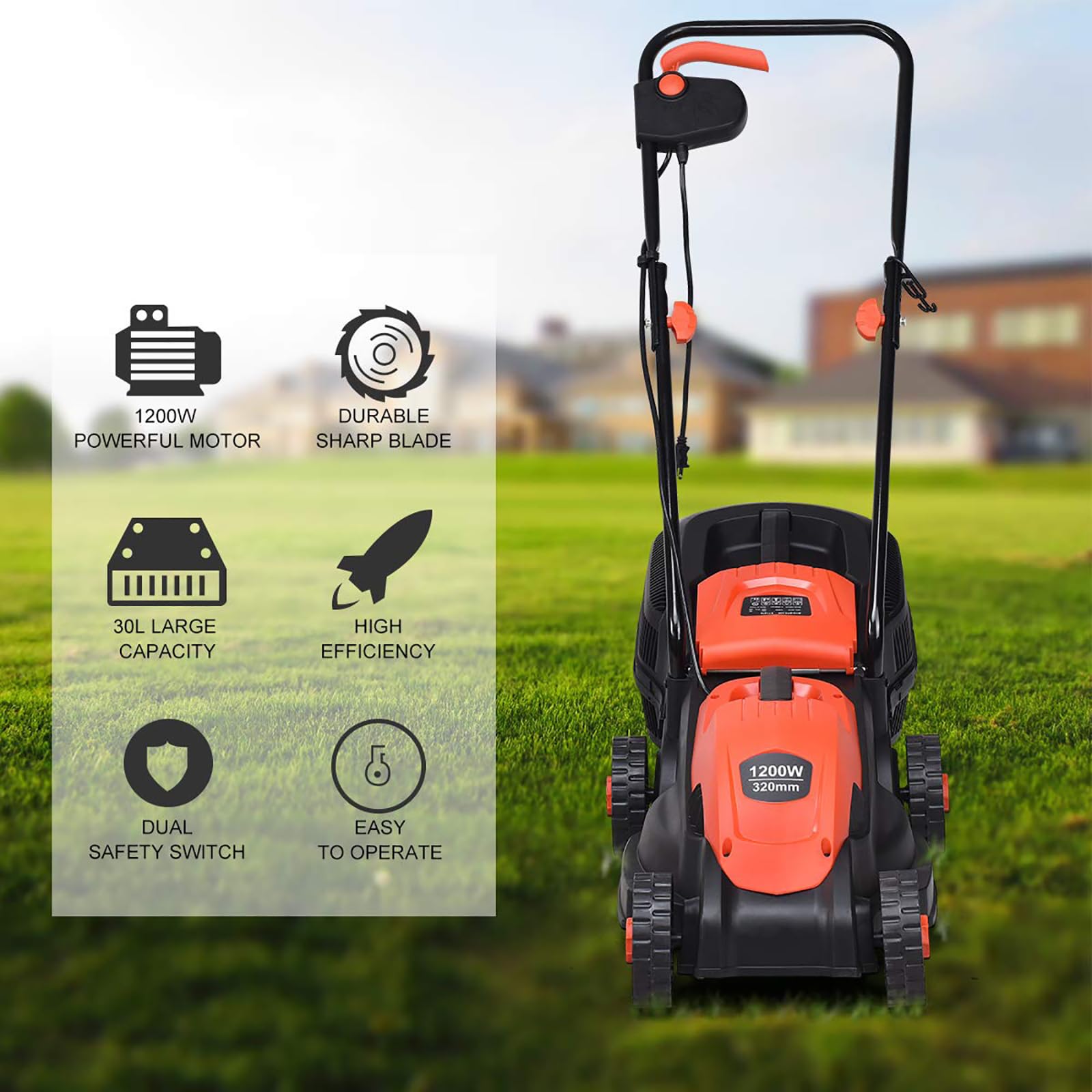 FfiMe Cortacésped eléctrico, 1200 W, Caja de césped Grande de 30 L, Ancho de Corte de 32 cm, 3 Alturas de Corte Ajustables (28-68 mm), Plegable para Almacenamiento, para Jardines, Patios, Granjas