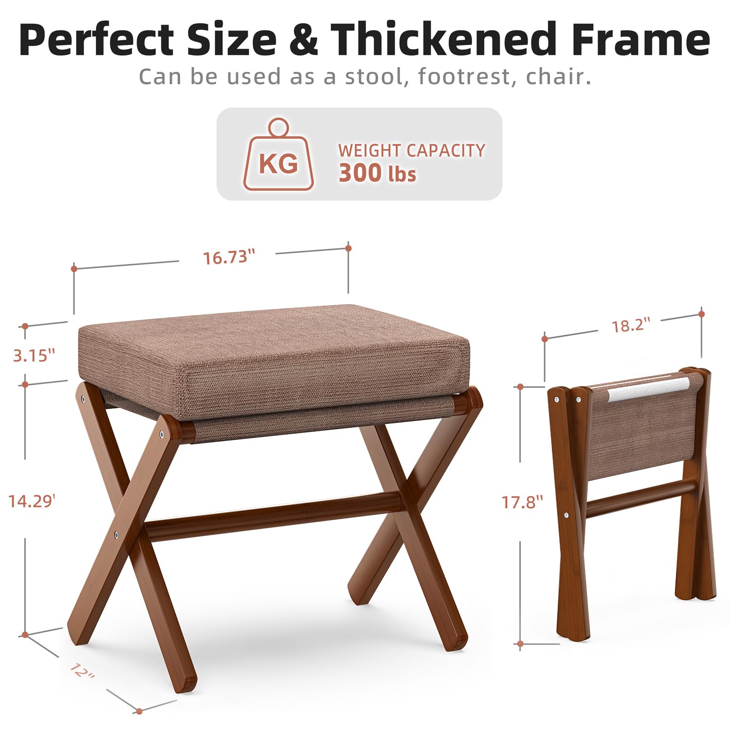 BAMBOOHOMIE Taburete plegable otomano, reposapiés moderno con patas de bambú en X y cojín de espuma gruesa, taburetes plegables pequeños acolchados para dormitorio, sala de estar, taburete de tocador