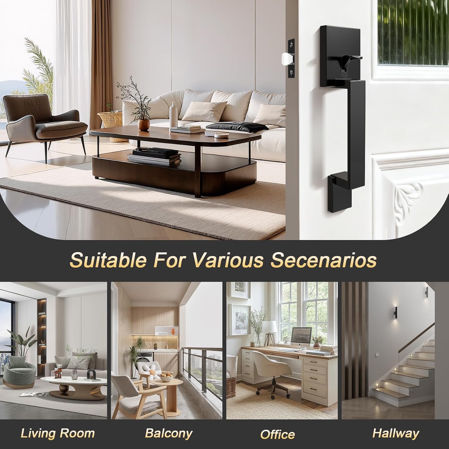 Black Front Door Handle, Matte Black Entry Handle, Single Cylinder Front Door Handle Only, Door Handle Exterior, Reversible for Right and Left Door