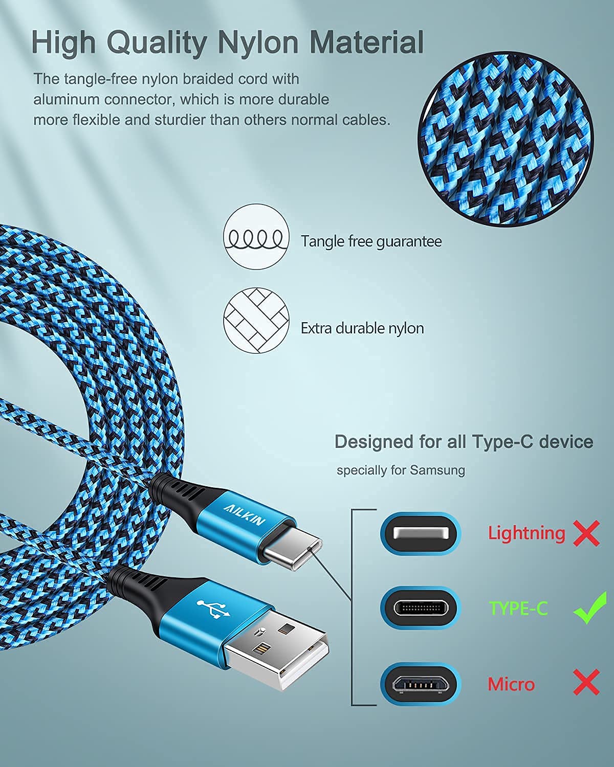 Cavo USB A a USB C 10FT ricarica rapida nylon intrecciato extra lungo cavo di ricarica di tipo C per Samsung A16 A15 5G A54 A55 A14 A32 A35 A25 Z Fold 6 S24 Ultra S23 S22, Pixel 9 8 Pro 7a 6-Android