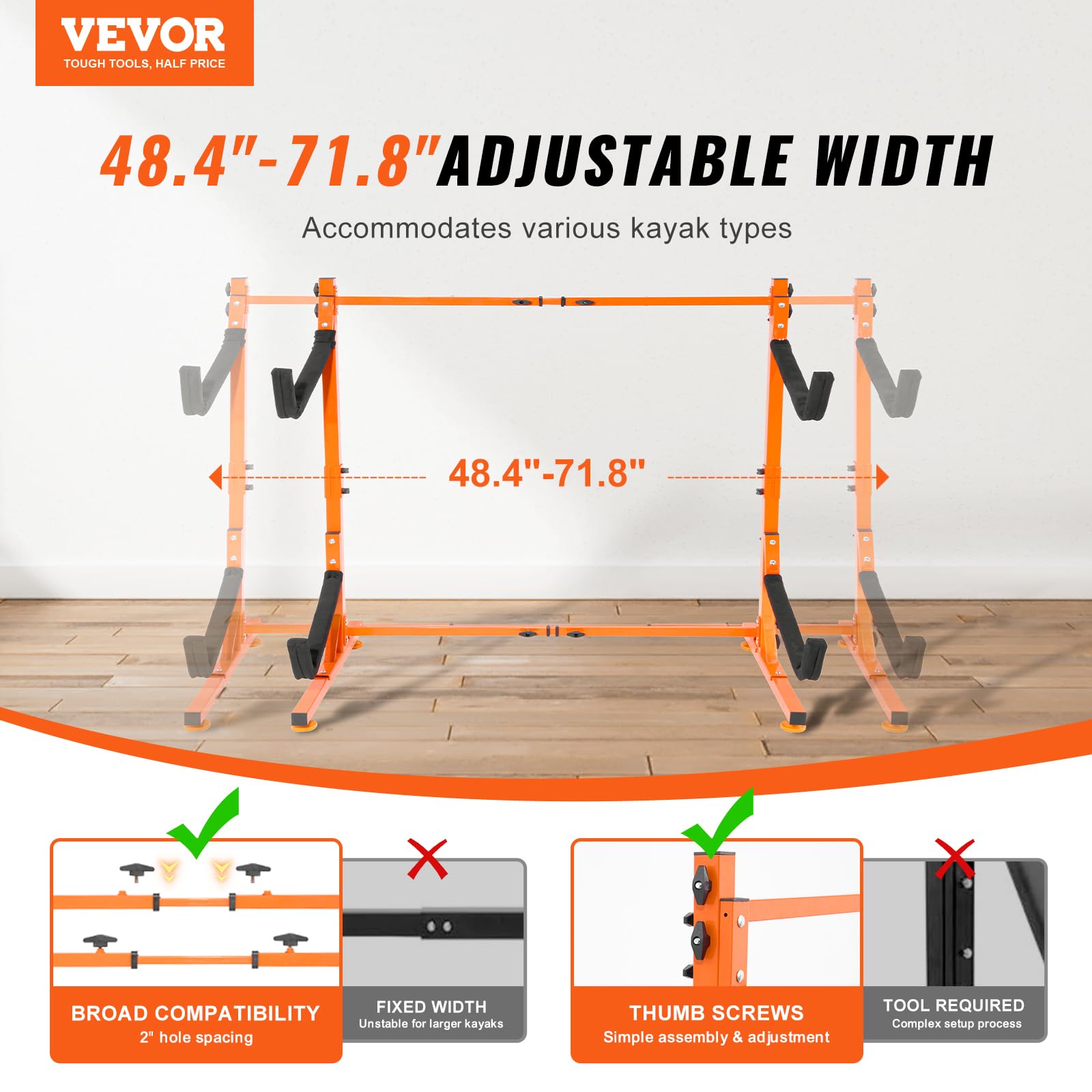 VEVOR Portaoggetti per Kayak Autoportante, Supporto per Gancio per Kayak in Acciaio Resistente con Bracci Imbottiti e Larghezza Regolabile, Carico Massimo 175LBS, per Garage Interno ed Esterno
