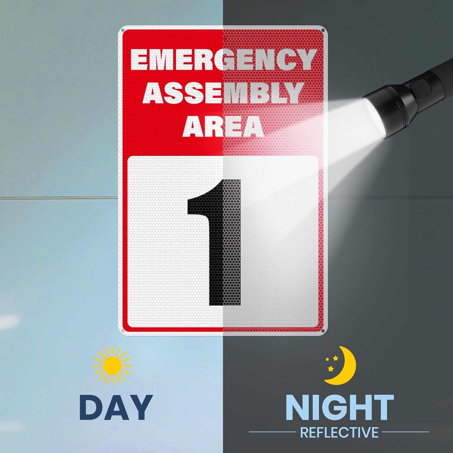 2 Pack Emergency Assembly Area 1 Sign 18 × 12 Inches Aluminum Reflective Safety Signage with Pre-Drilled Holes for Business Construction Site Warehouse