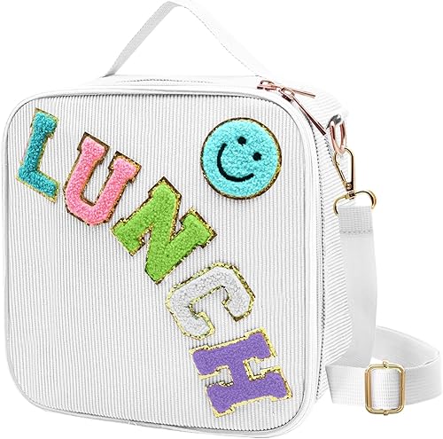 Miniatura 10 de Bolsa de almuerzo aislada con correa ajustable para el hombro, linda caja de almuerzo de corduroy estilo preppy, bolsa de almuerzo grande aislada