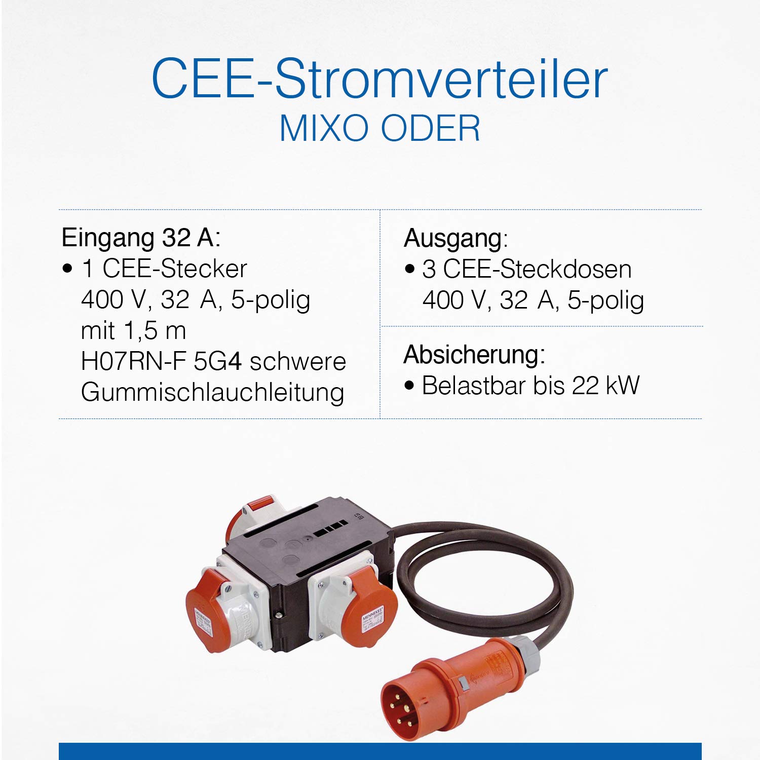 Schwabe MIXO Distributore di corrente ad alta tensione CEE 400 V 32 A 5 poli 22 kW Cavo 1,5 m 3 prese Stazione di alimentazione Esterno Made Germany