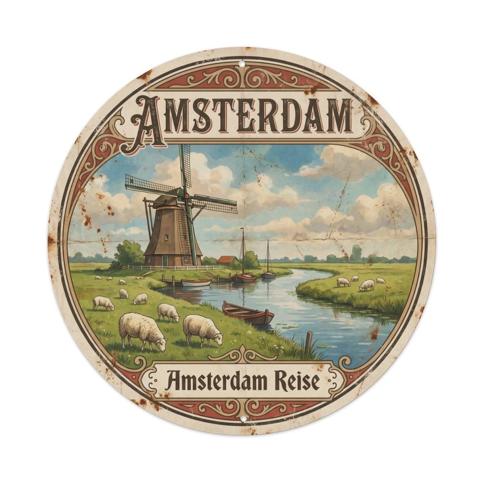 Vintage Travel Dutch Windmill Countryside Artwork Metal Tin Sign Plaque Wall Decor for Cafe, Club, Garden Round Metal Poster 8x8Inch