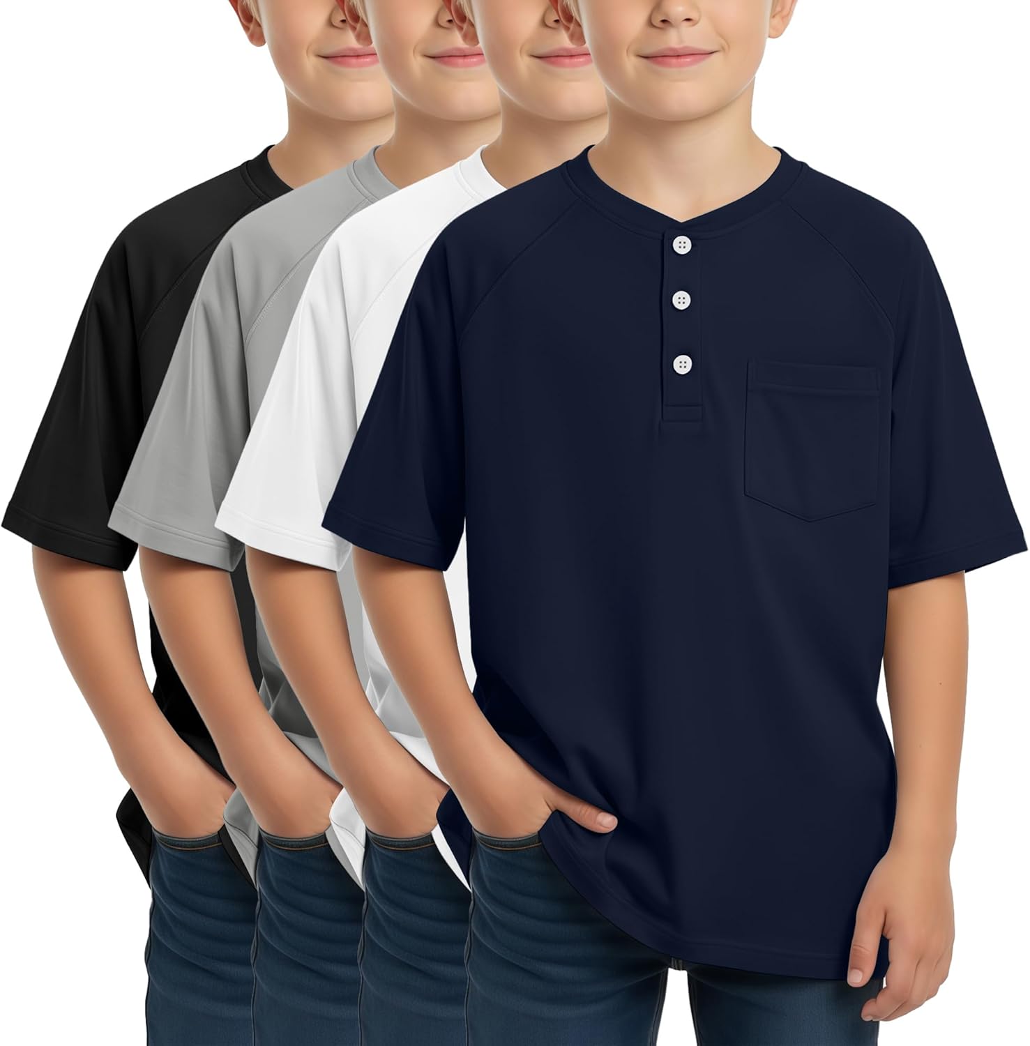 4 Pack Boys' Oversized Short Sleeve Shirts Kids Henley Button Tees Raglan Casual Tops with Pocket 5-14 Years