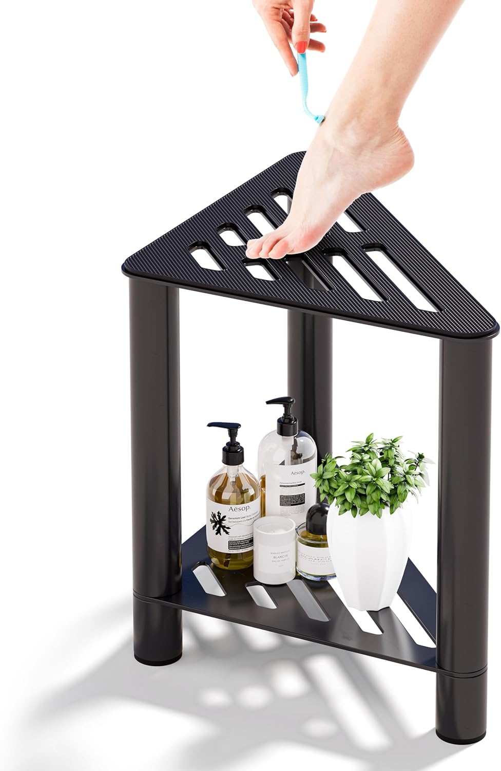 Shower Stool for Shaving Legs, Shower Bench for Inside Shower, Corner Shower Bench, Shower Shaving Foot Rest Suitable for Small Shower Spaces-Safe & Stable with Storage Shelf - Black