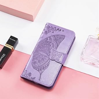 for Xiaomi Poco X5 Pro Flip Case,Butterfly Embossed Flowers PU Leather Magnetic Flip Cover Stand Card Holders Hand Strap Wallet Purse Case for Xiaomi Poco X5 Pro 5G -Light Purple