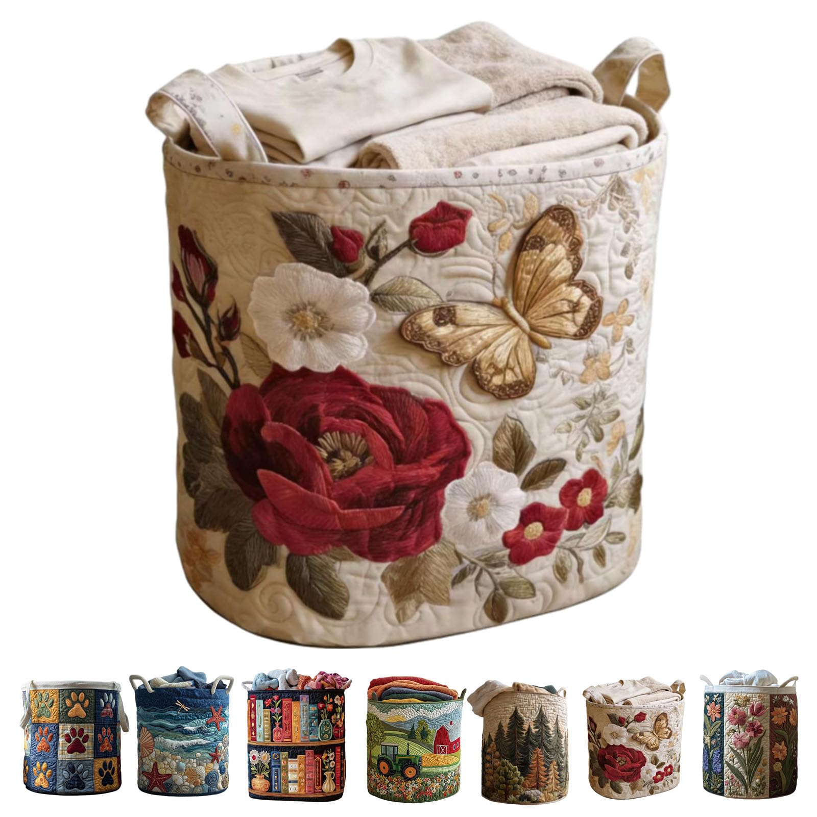 Large Quilted Laundry Basket Foldable Laundry Hamper with Handles Cute Boho Quilted Storage Basket, Quilted Laundry Basket Boho Fabric Floral Storage Hamper for Clothes Toys