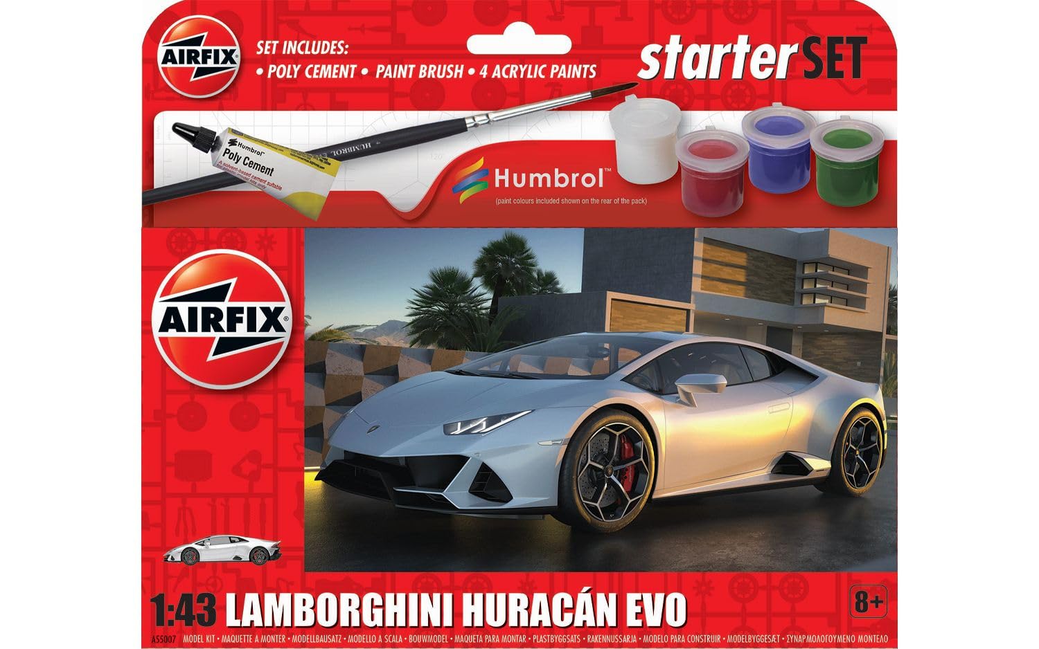 Airfix Starter Set - A55007 Lamborghini Huracn EVO Model Building Kit - Plastic Model Car Kits for Adults & Children 8+, Set Includes Decals, Acrylic Paints, Brushes & Poly Cement - 1:43 Scale Model
