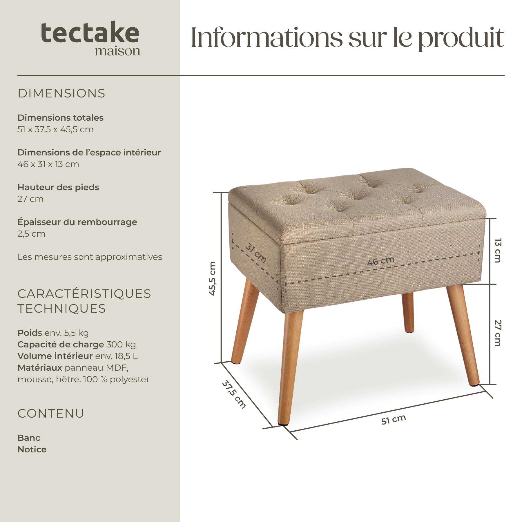 tectake® Banc de Rangement Pliable Bout de lit Aspect Lin Pieds en Bois Banc Entree Pouf Chambre Dressing Chambre Adulte Repose Pied Tabouret Coiffeuse Meuble Salon Maison Coffre a Jouet