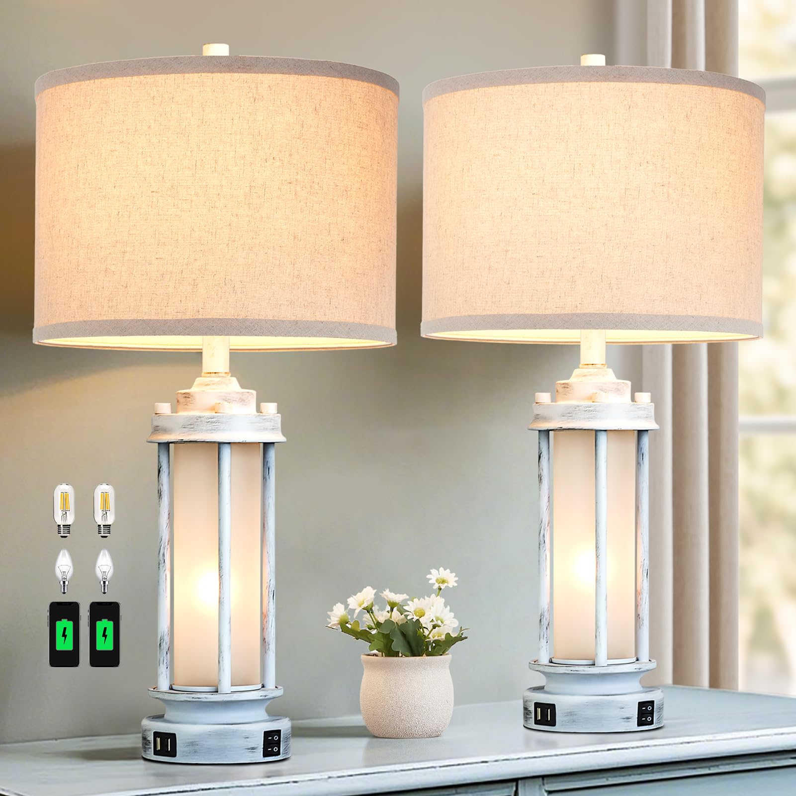 AIEAMPDO Lot de 2 lampes de table rustiques de 63,5 cm, lampes de chevet vintage avec 2 ports USB, lampe de bureau blanche antique avec veilleuse en verre pour salon, chambre à coucher, dortoir, 4