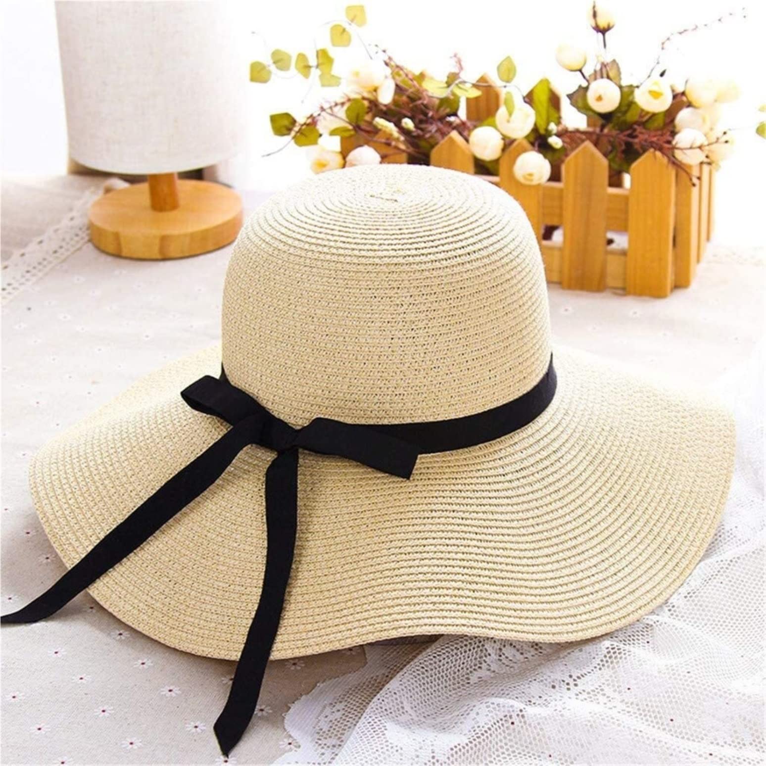 Kapelusz Słomkowy Kapelusz Plażowy Słomkowe Kapelusze Przeciwsłoneczne Składane Plażowe Rondo Damskie Floppy Sun Hat Summer Women For Surf Kapelusz Letni Kapelusz Przeciwsłoneczny (Blue : Beige, Siz
