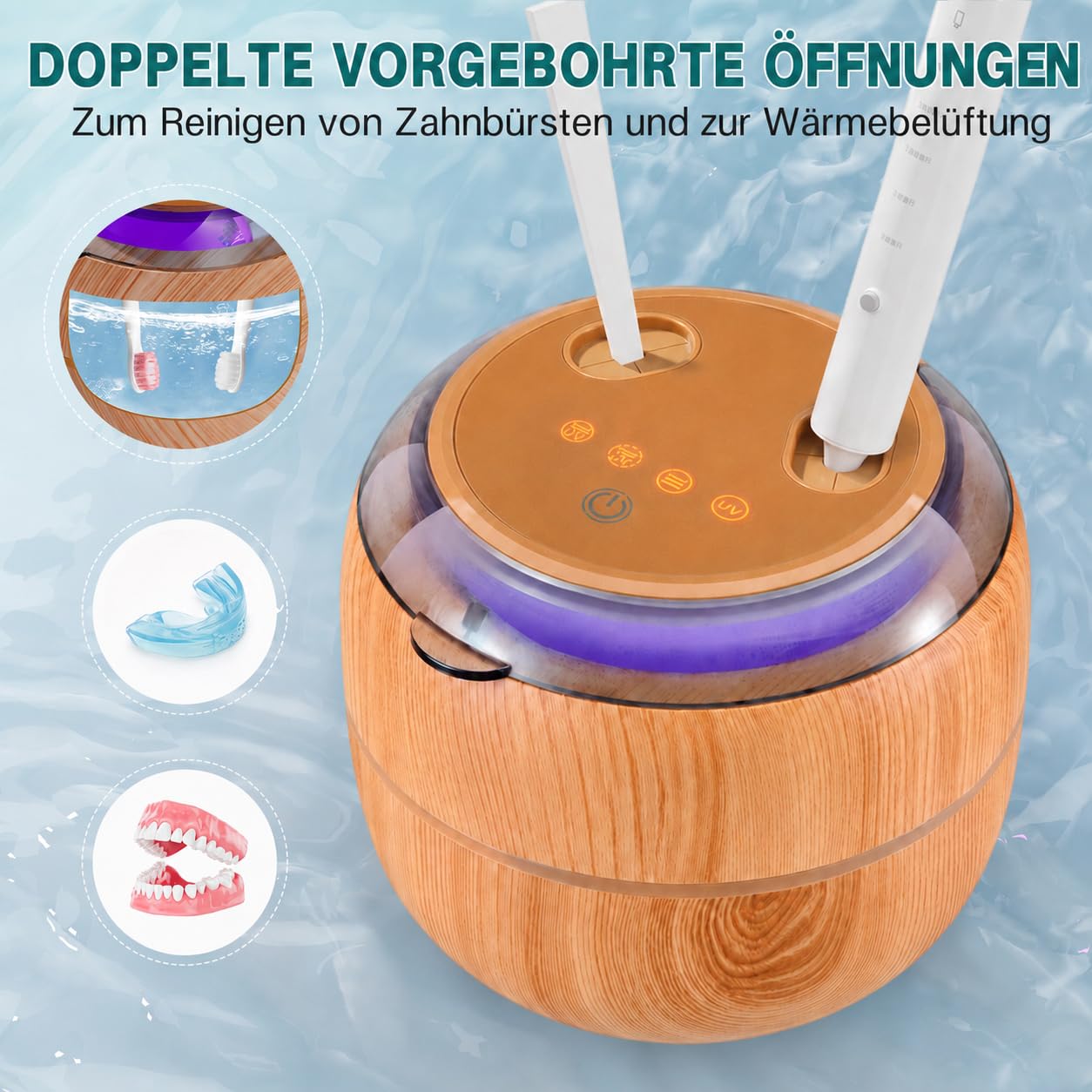 Voraiya Ultraschallreinigungsgerät mit LED-Anzeige, 200ml Ultraschallreiniger Dental Pod 4-UV Effektiver Gebissreiniger für Mundschutz Zahnprothesen Zahnspangen Zahnersatz (Holzton‌)