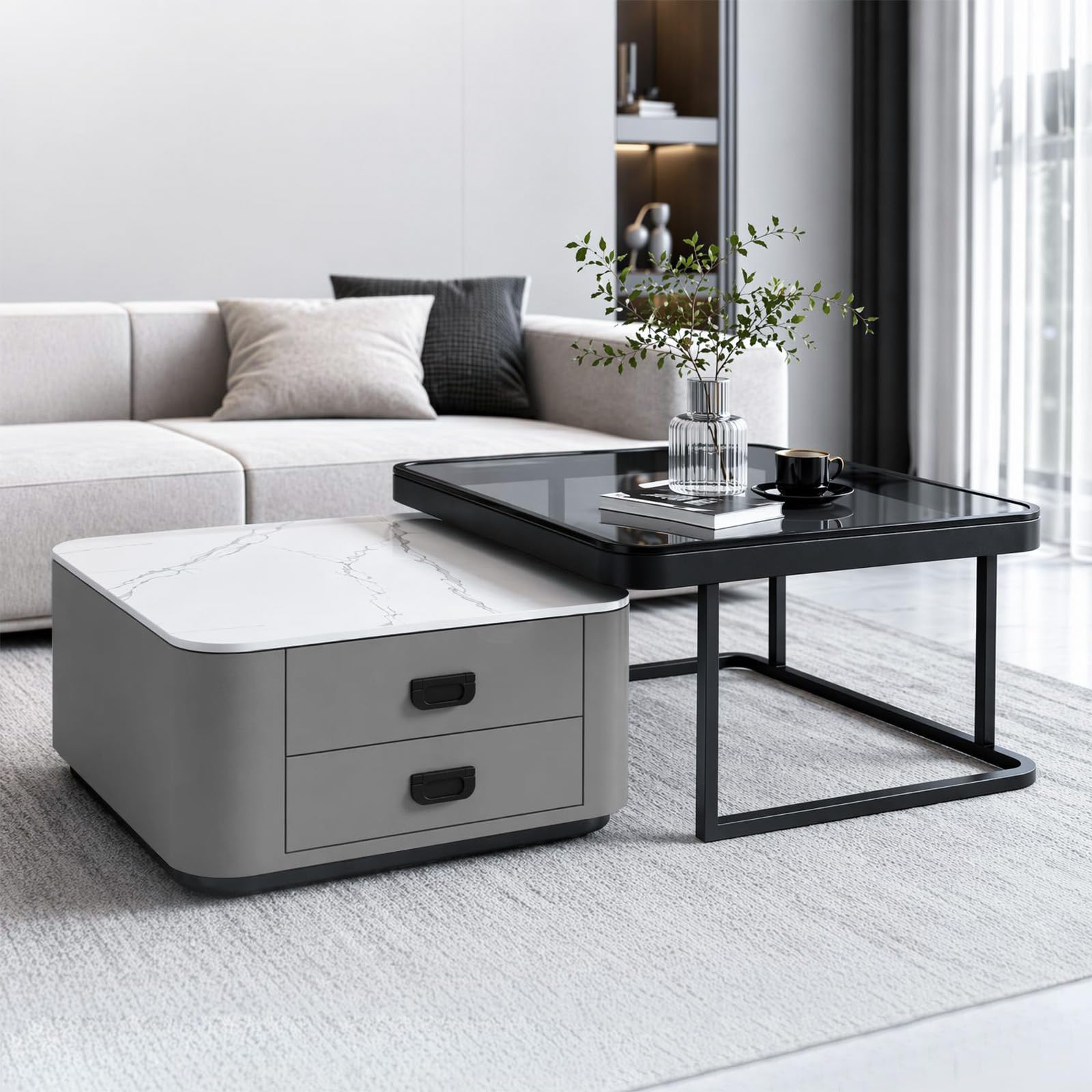 Small Square Coffee Table, Nesting Tables Set of 2, Modern Side Table with Storage Drawer, Sintered Stone and Tempered Glass Top for Living Room Apartment Hotel Office — image 1