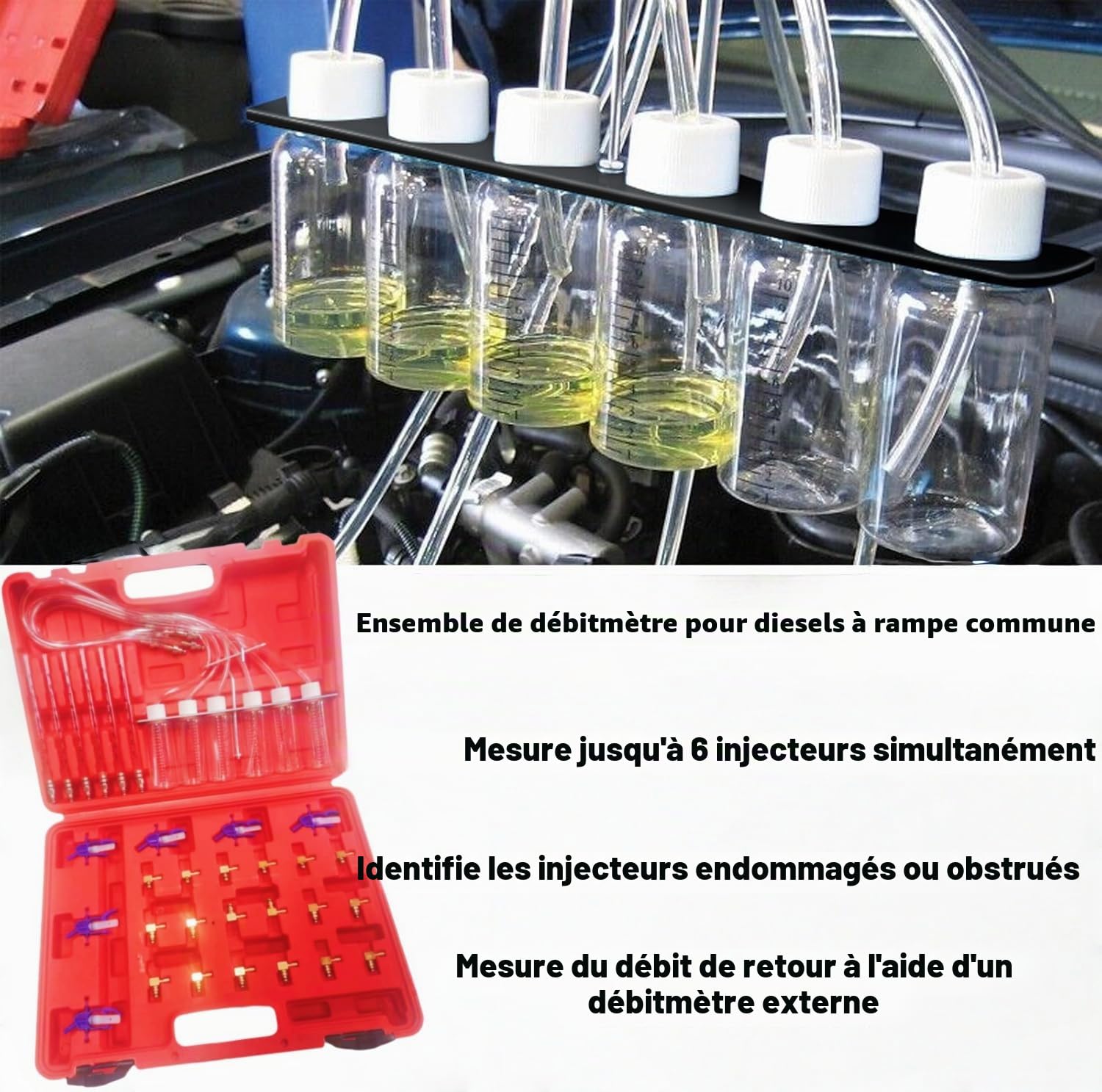 Kit de test pour injecteurs diesel 6 cylindres, testeur de fuite de rail commun avec 24 adaptateurs, débitmètre de carburant pour BOSCH/pour SIEMENS/pour DENSO/pour DELPHI, détection des
