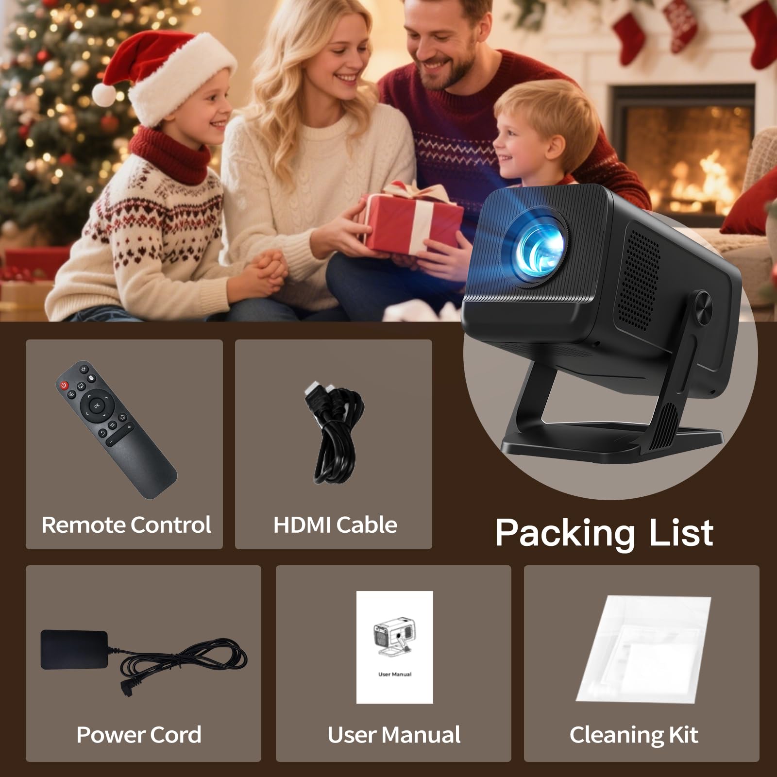 Mini Beamer mit Android 14, Klein Smart Projektor Native 720P (4K Dekodierung), WiFi 6 & Bluetooth 5.4, Auto-Keystone, Portable TV Projector Kompatibel mit iOS/HDMI/USB/iPhone, schwarz