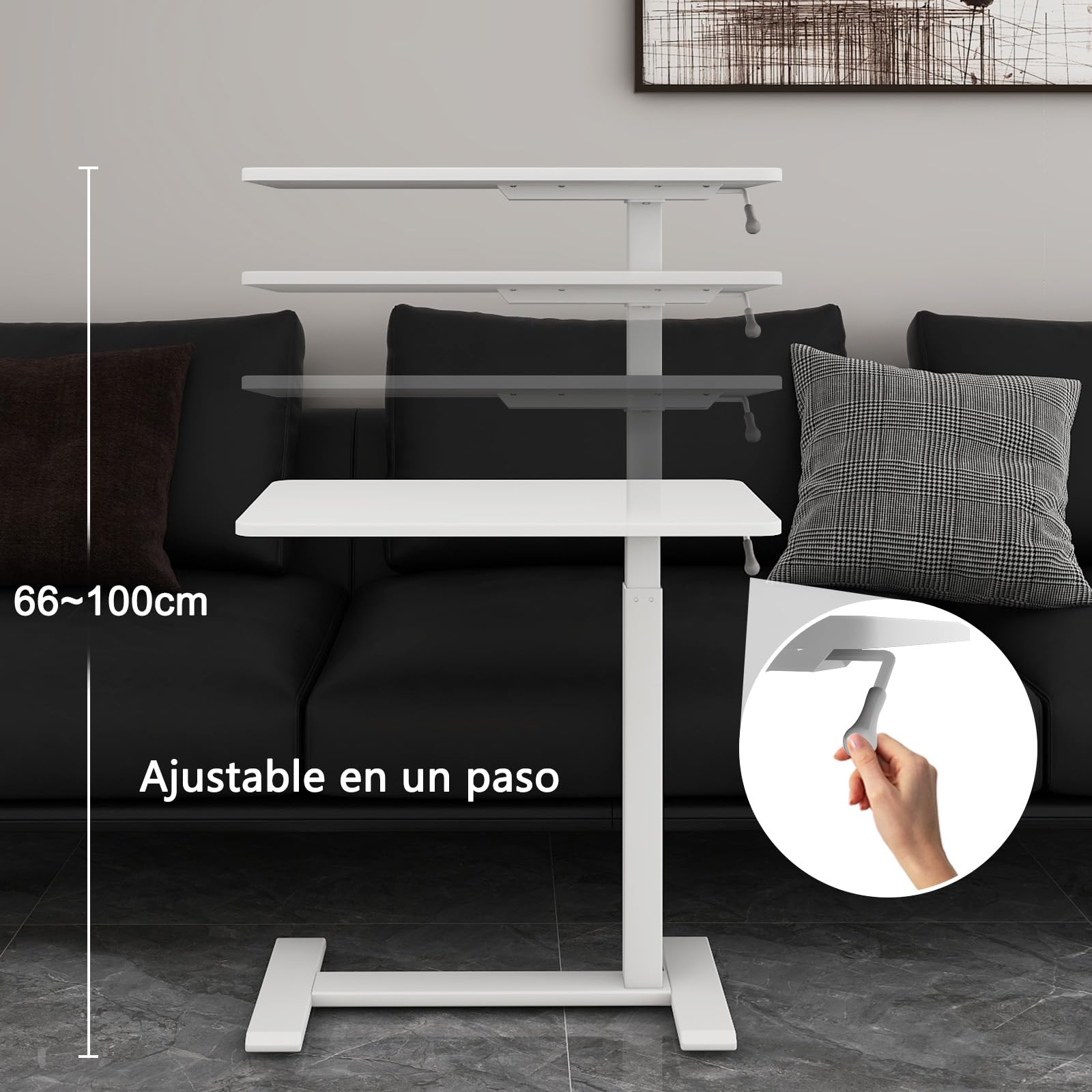 PUNCIA Mesa Auxiliar con Ruedas para Portátil Regulable en Altura 66-100 cm | Escritorio Elevable de Pie Mesa Lateral Ajustable en Forma de C de Ordenador Estación de Trabajo Móvil para Sofá Cama Blanco