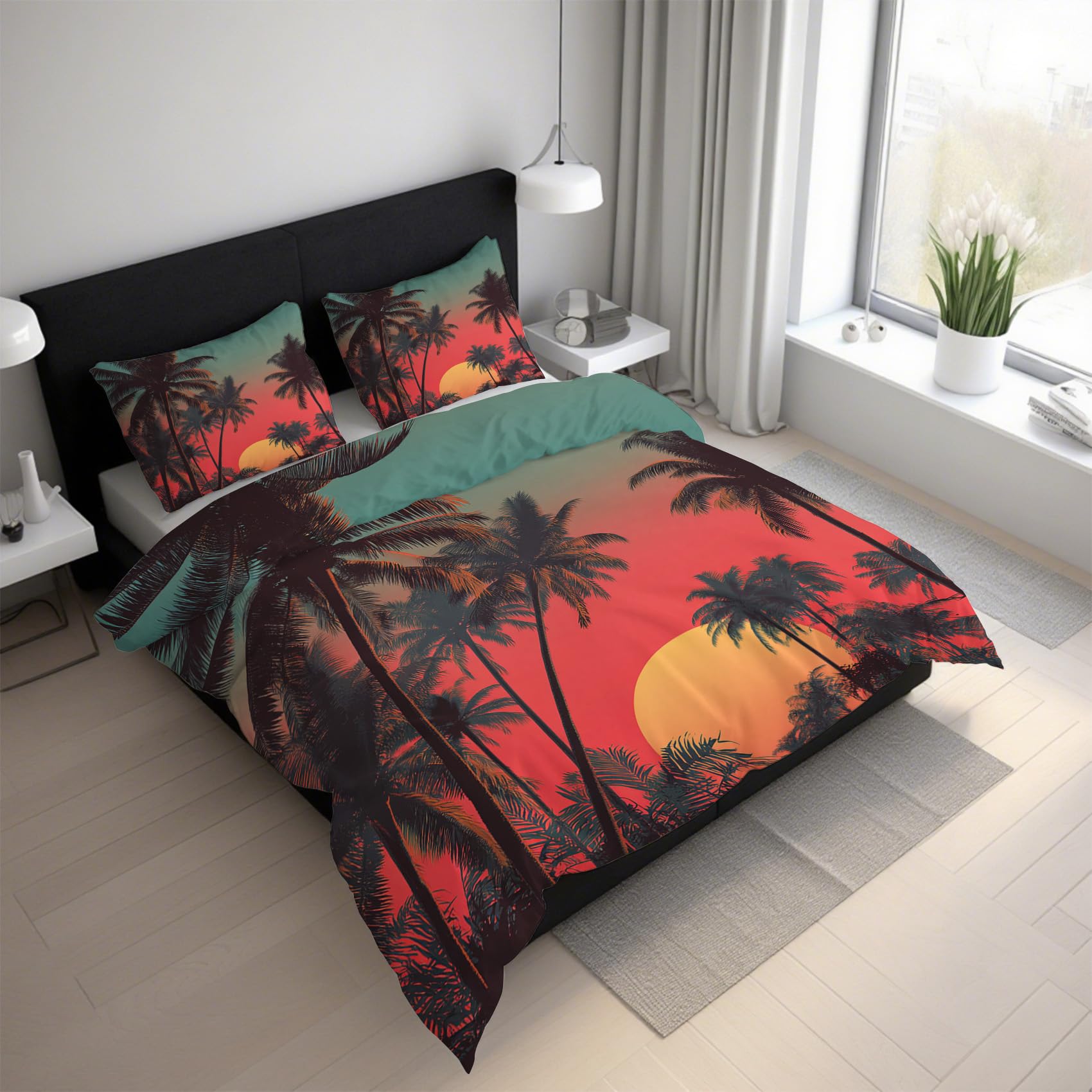 Parure de lit palmier réversible avec housse de couette zippée 220x240