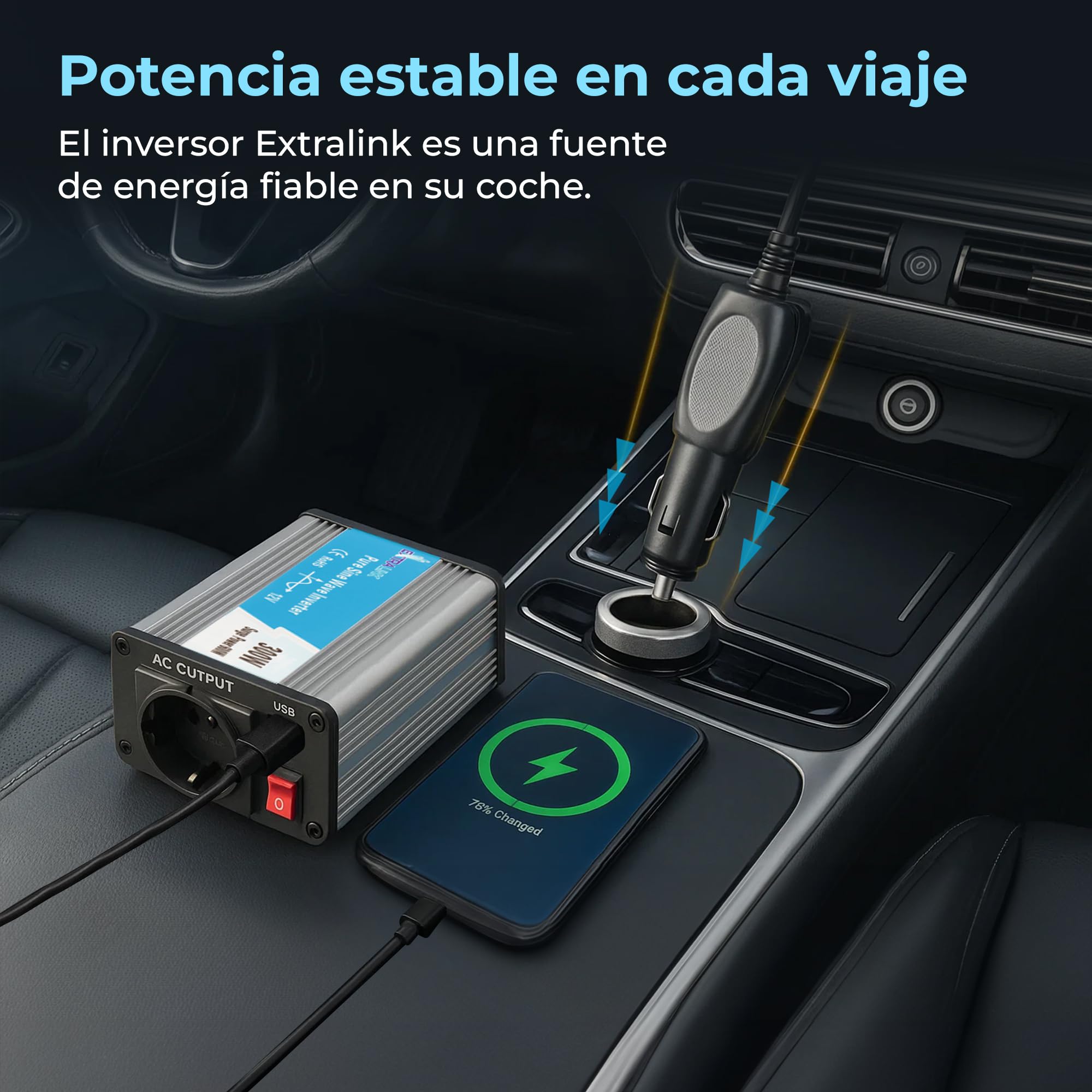 EXTRALINK Inversor 12V 220V Onda Pura 300W 600W Pico – Convertidor 12V 200V con USB, Enchufe de mechero, Ventilador y Protección Cuádruple – para Coche, Barco, Camping, Equipos Sensibles, Solar