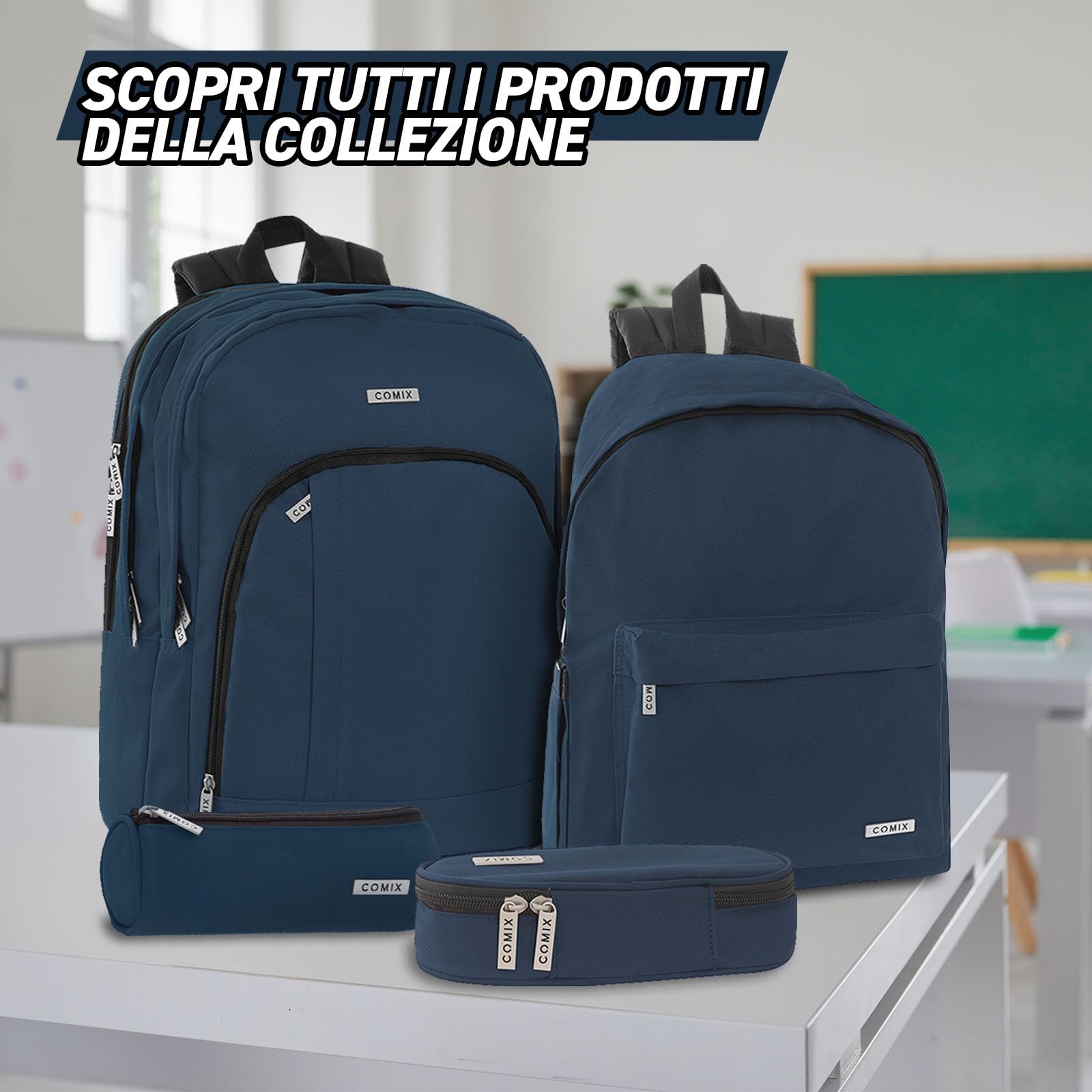 COMIX - Zaino Scuola Media, Elementare e Superiore, 3 Vani con Alloggio Porta PC, Tasca Frontale, Schienale Imbottito e Rinforzato, Spallacci Imbottiti e Regolabili, Retro Antiscivolo, 31x42Hx19,5 cm