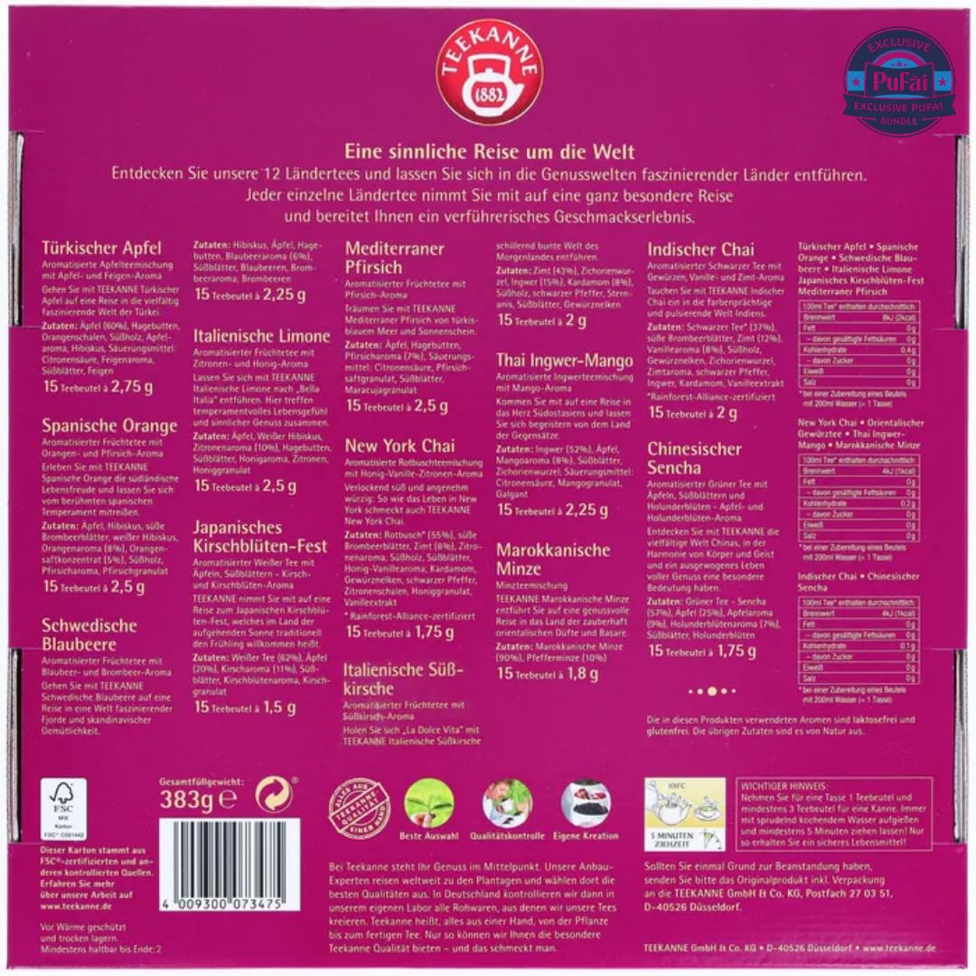 PUFAI BUNDLE –Teekanne Ländertee-Collection Teebox – 12 Sorten Kräuter- & Früchtetee | 180 Teebeutel, 383 g