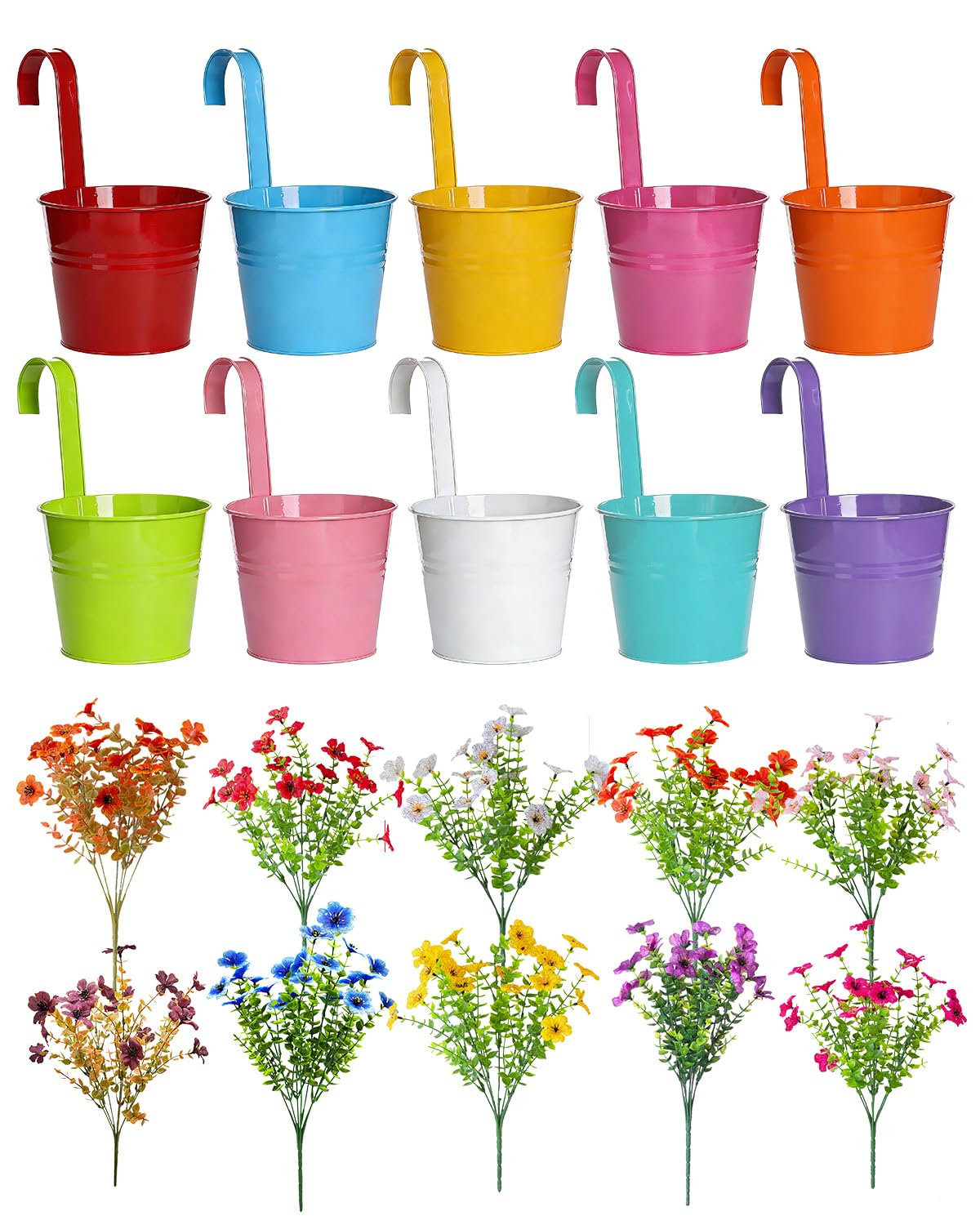 Trongle 10 PACKS 10cm Metal Iron Hanging Plant Pots with 10 Artificial Flower Bouquets, Colourful Metal Balcony Planters with Detachable Handle & Drainage Hole for Indoor Outdoor Garden Fence Decor โ image 1