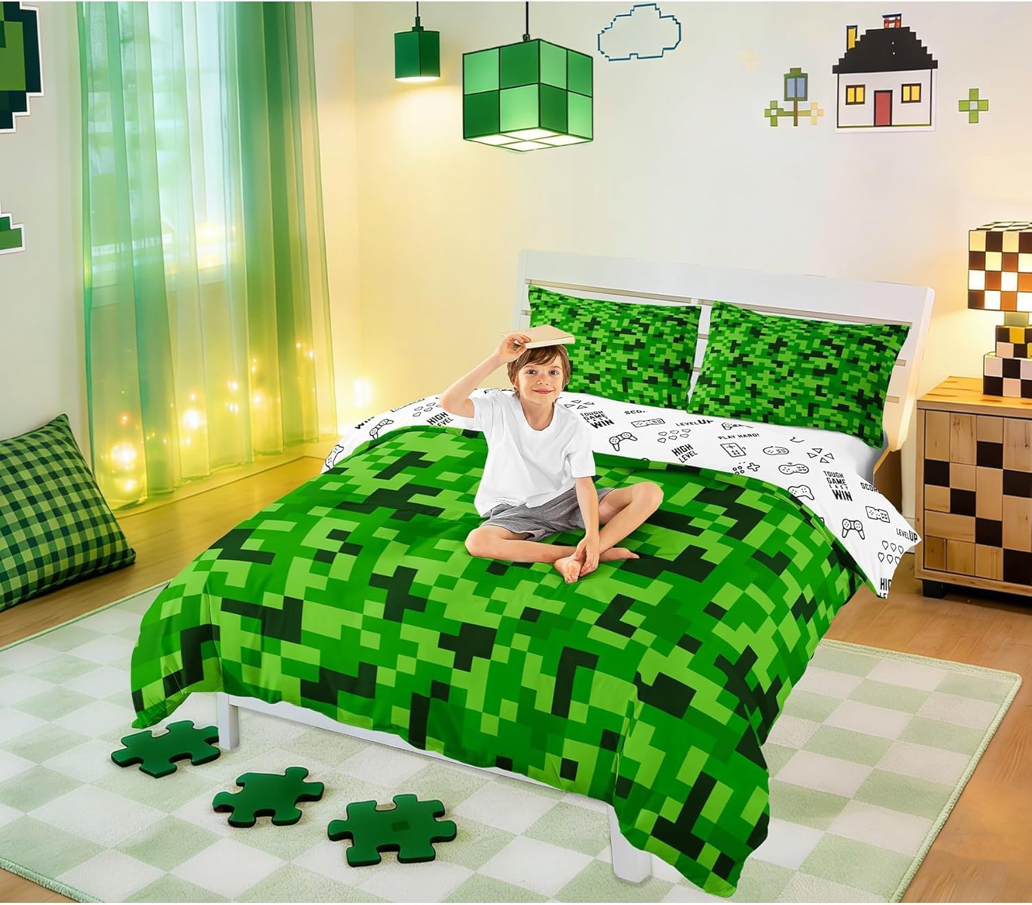 Green Pixelated Miners Duvet Cover Set Single Size,Video Games Bedding Set for Kids Boys Girls Teens Room Decor,Cartoon Gamepad Comforter Cover Modern Geometric Check Quilt Cover,1 Pillowcases