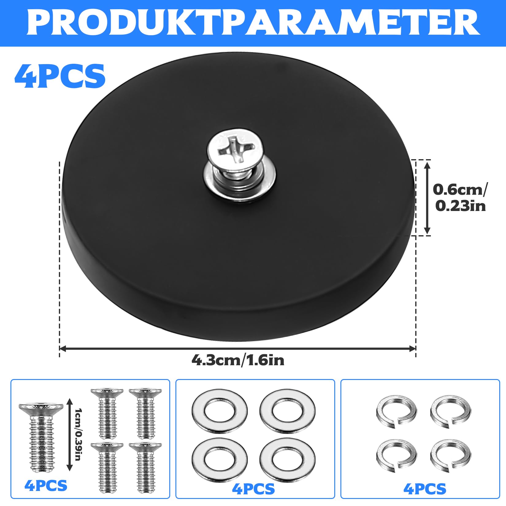 4 Mocne Magnesy z Gwintem, 43mm Magnesy Neodymowe z Gumową Powłoką i Śrubami M4, Antypoślizgowa Podstawa Magnetyczna do Oświetlenia Pojazdów (Siła Przyciągania 15kg)