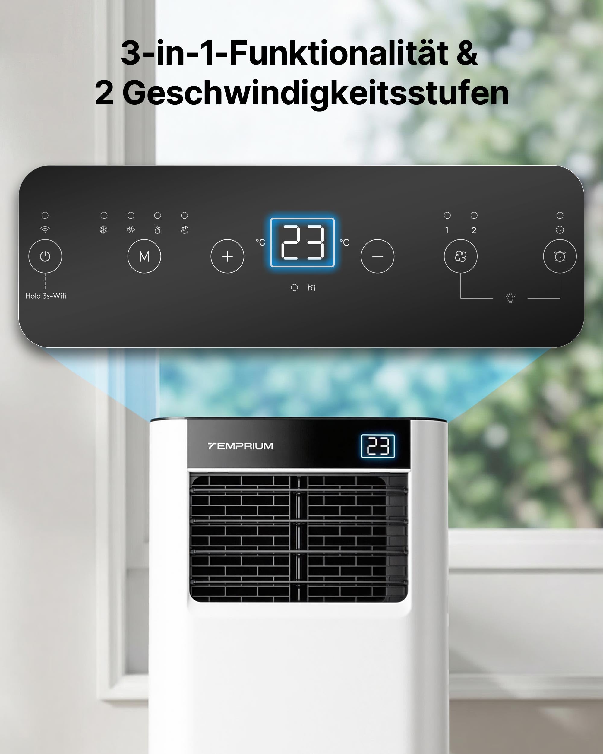 Mobile Klimaanlage 7000BTU 2,0Kw mit Abluftschlauch | 3-in-1 Mobiles Klimagerät | Fensterabdichtung | APP-Steuerung + Fernbedienung | Leiser Betrieb | 24h-Timer | Für Räume bis 20m²