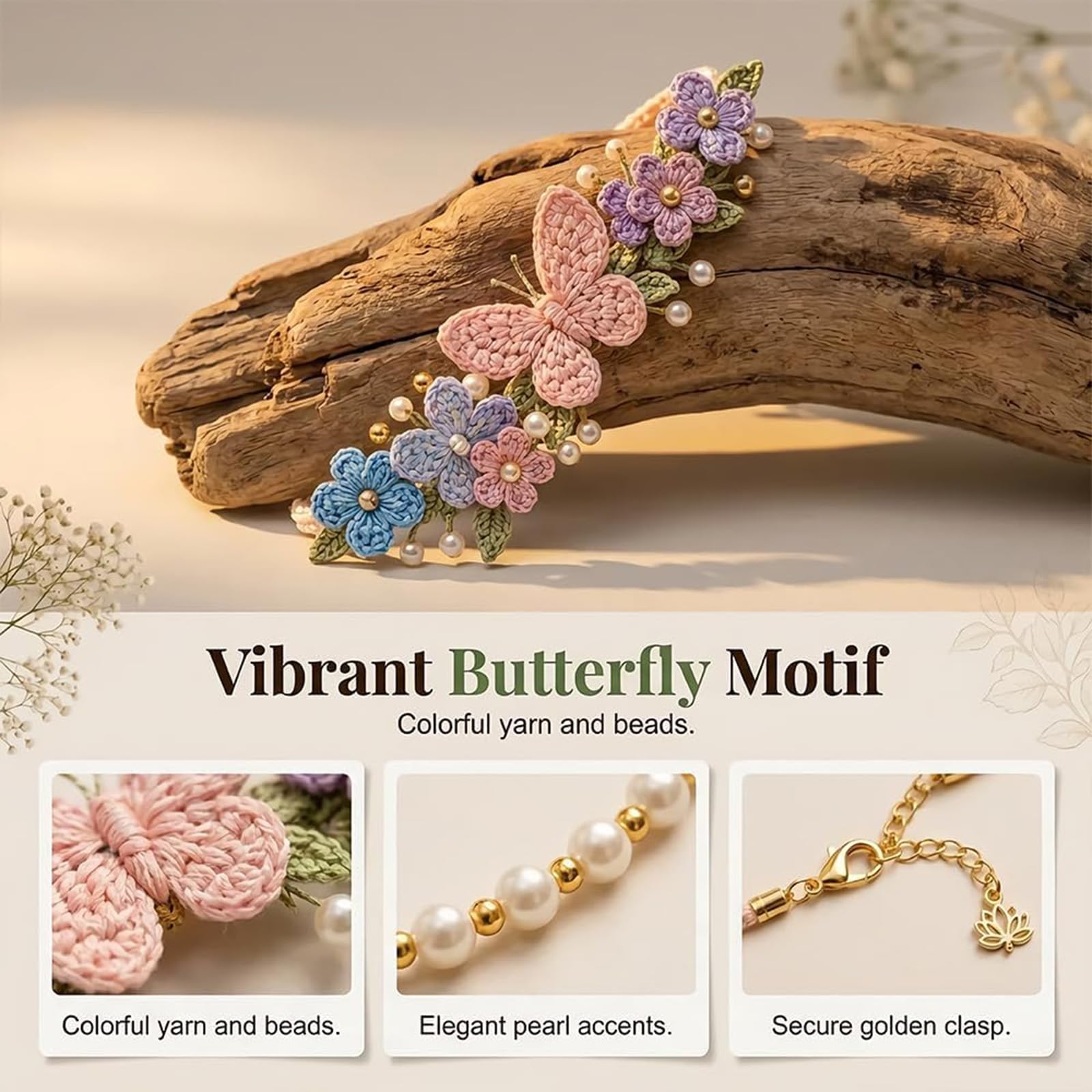 Kit de pulsera de ganchillo inspirada en la naturaleza – Juego de fabricación de pulseras botánicas con hilo, cuentas, perlas y gancho de ganchillo, manualidad creativa para principiantes (ALL)