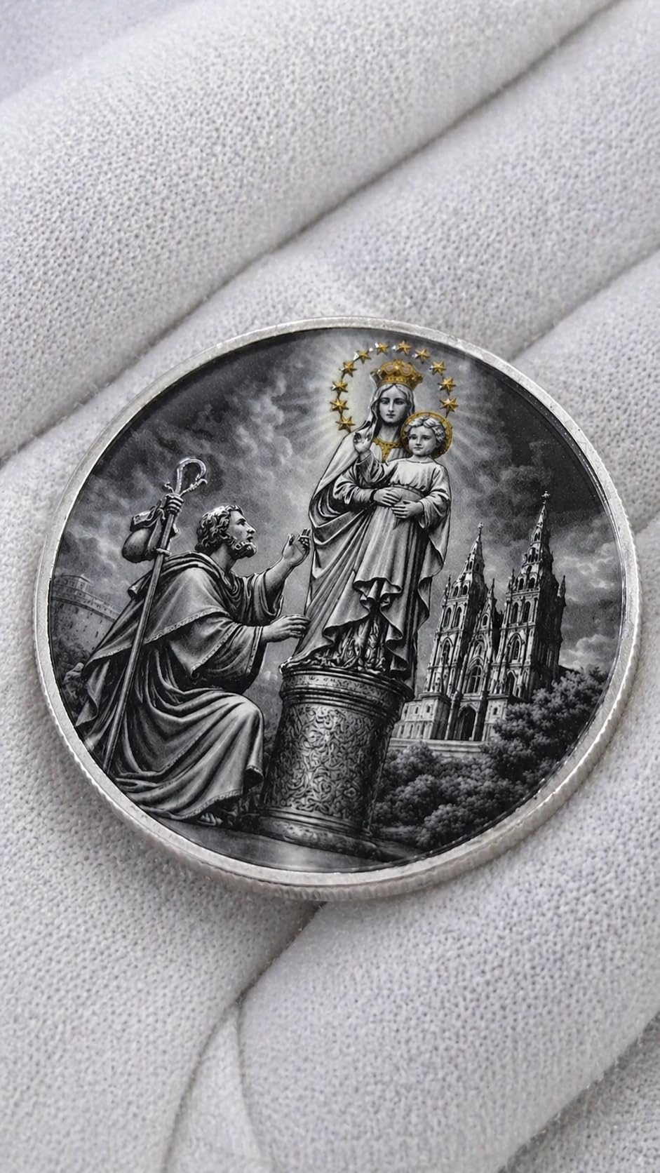 Genérico Moneda Conmemorativa Virgen del Pilar y Santiago Apóstol 2026 – Edición Limitada 500 Piezas – Moneda Coleccionista 40 mm – Acabado Proof Mirror – Certificado Numerado