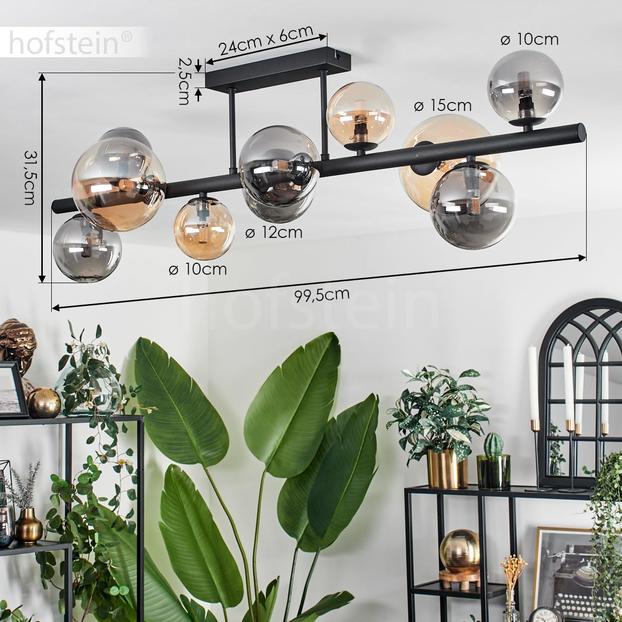 Plafonnier Chehalis, Applique En Métal/verre Noir/laiton/ambre, Luminaire Avec Abat-jour En Verre Véritable, Design Rétro/vintage, 10/12 Cm, 3 X G9, Sans Ampoules