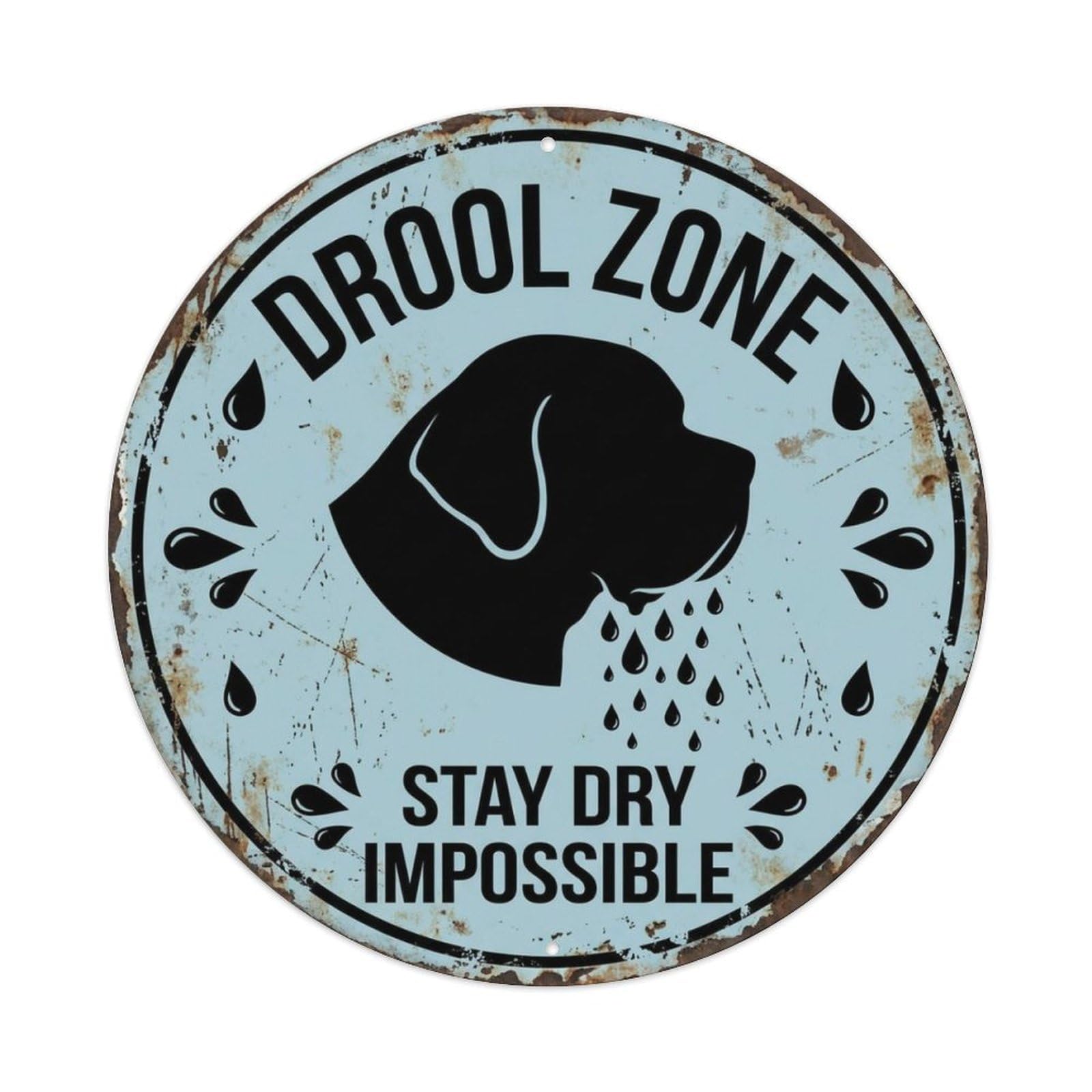 Fqcyn Style Dog Drool Warning Round Wall Hanging Metal Tin Sign Plaque Wall Decor For Cafe, Club Bar, Office, Home Garden Round Metal Poster 8X8inch