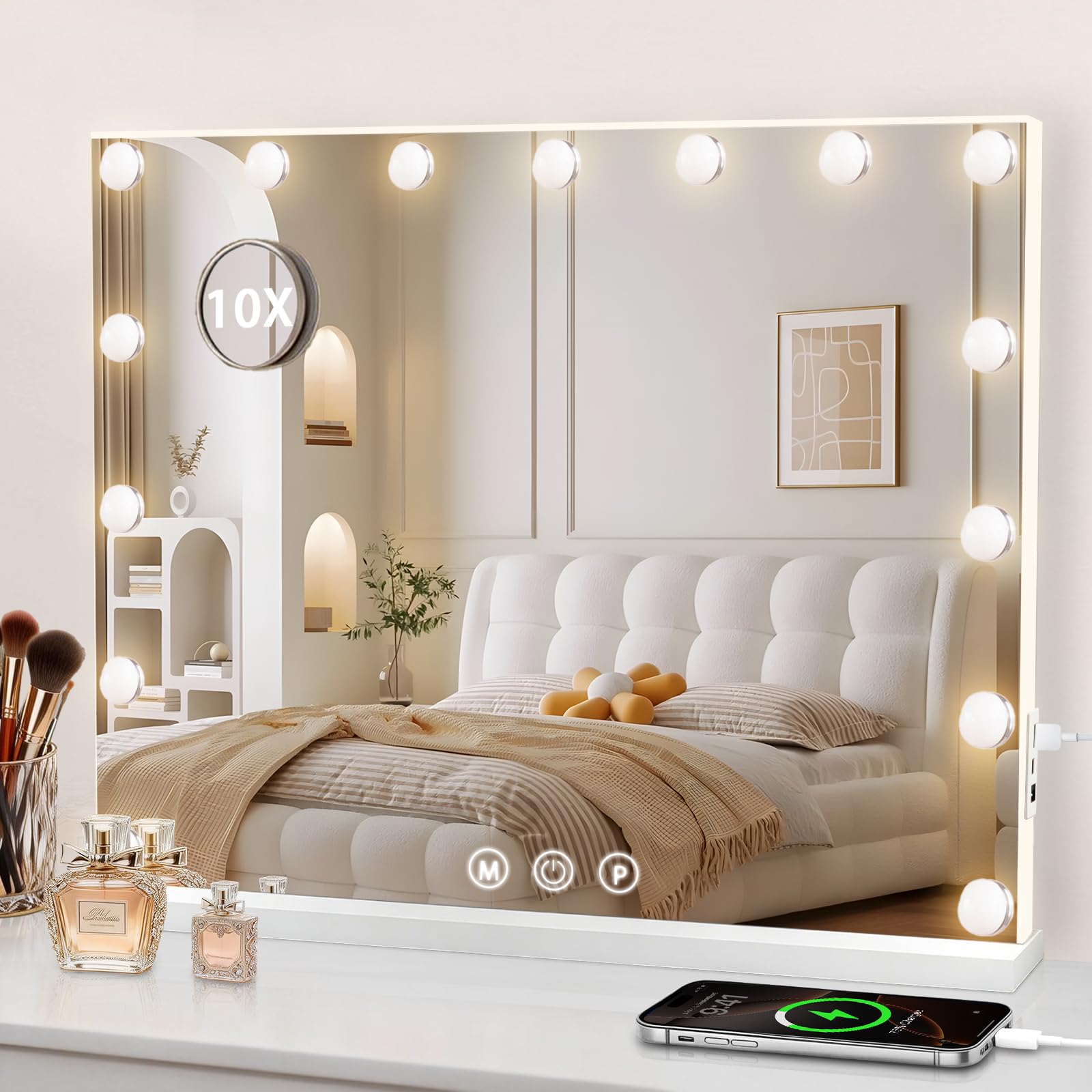 Puranex Hollywood Spiegel mit Beleuchtung, LED Schminkspiegel Kosmetikspiegel mit Beleuchtung und Vergrößerungsspiegel 10fach, Schminktisch Spiegel 3 Modi Touch Dimmbar USB Smart Mirror