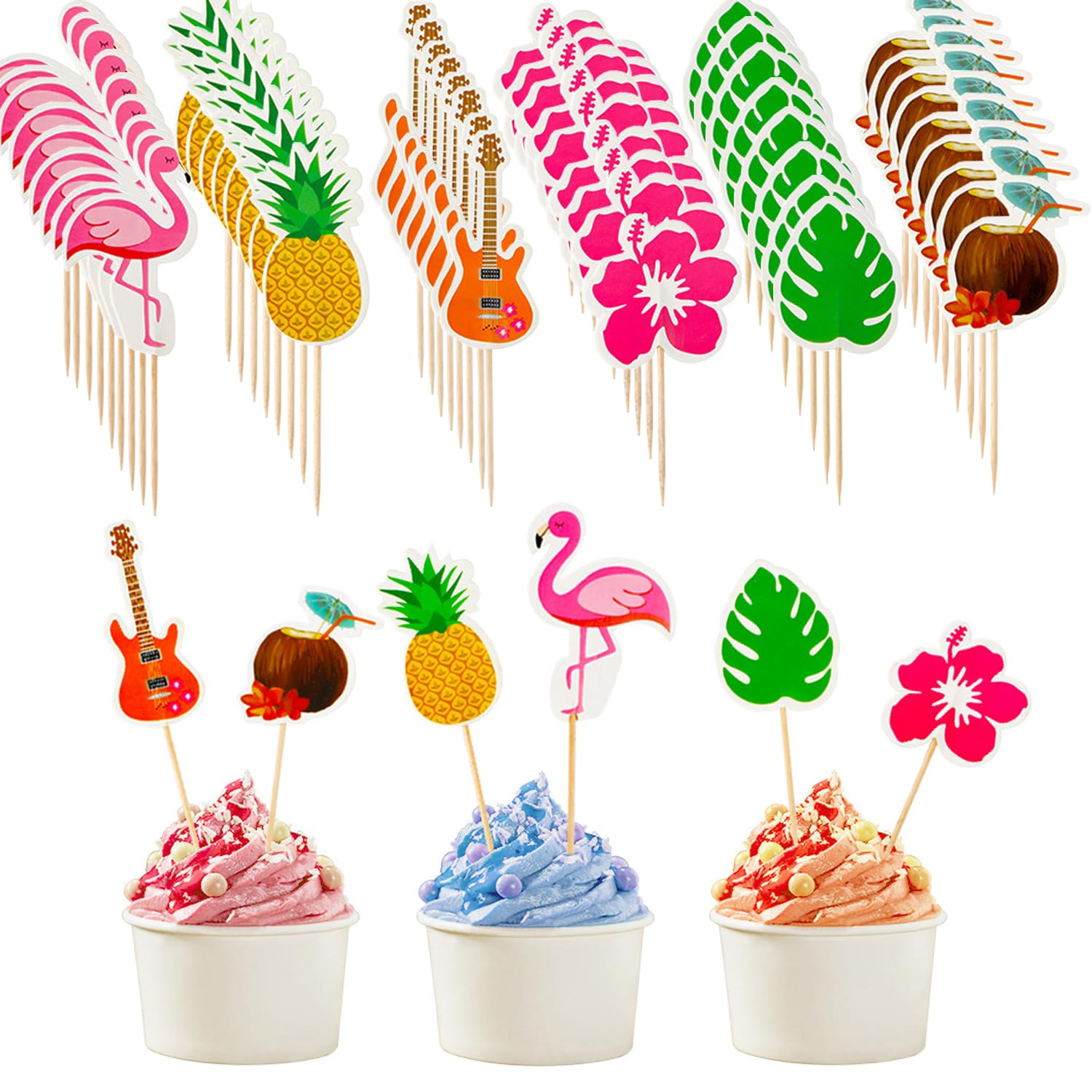 Photo 1 of 72 PCS Tropical Luau Cupcake Toppers, Palm Tree Flamingo Pineapple Coconut Cupcake Picks Decorations for Hawaiian Summer Beach Theme Party Favors Supplies, 6 Styles
