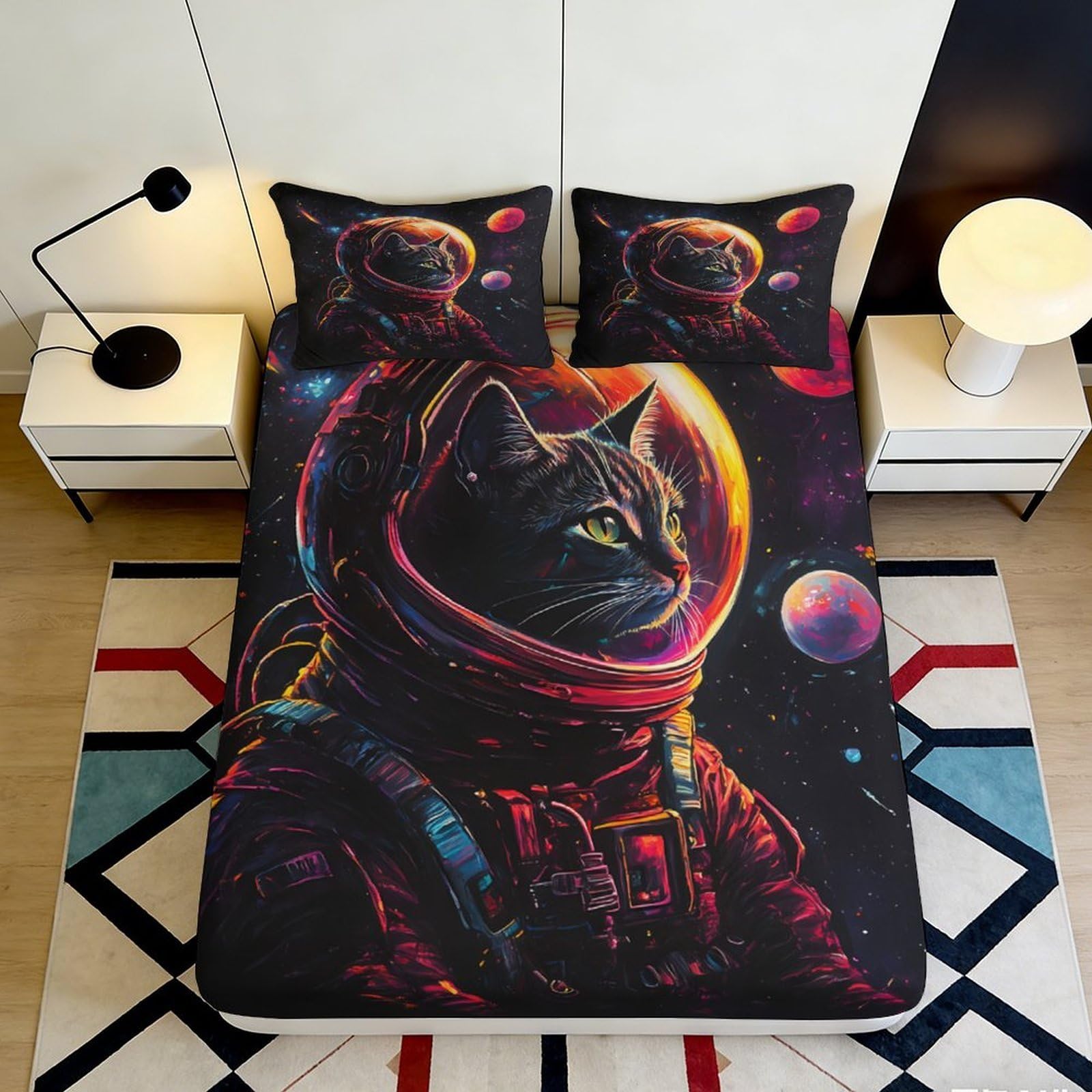 Pnayamiorkfel Style-7 3D Printed Space Cat Fitted Sheet Microfiber Soft Breathable Astronaut Planet Mattress Cover Bedroom Decor 90X200x25cm