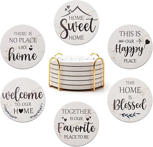 Housewarming Gifts for New Home Coasters Farmhouse Coffee Table Decor Set of 6 Pack Ceramic Cup Coaster Modern House Warming Gift Decorations Coster Cute Marble Drink Coasters Set