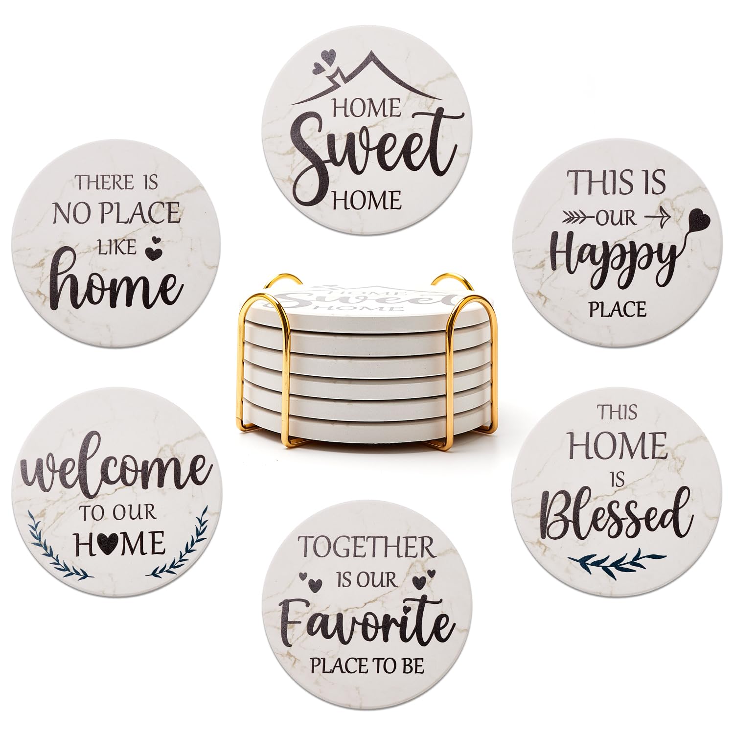 Housewarming Gifts for New Home Coasters Farmhouse Coffee Table Decor Set of 6 Pack Ceramic Cup Coaster Modern House Warming Gift Decorations Coster Cute Marble Drink Coasters Set