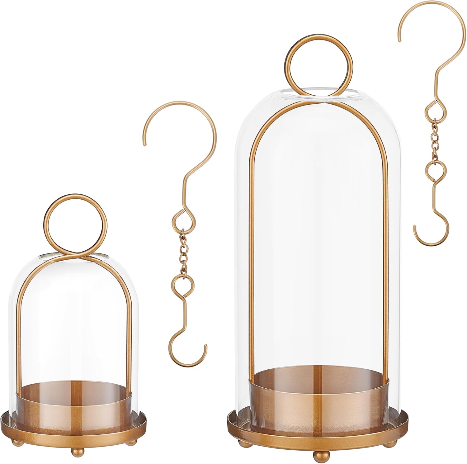 Hurricane Glass Candle Holders for Pillar Candles Set of 2 (5" & 4" Wide), Gold Metal Candlestick Holders, Modern Decorative Centerpiece Lanterns for Table Mantel Wedding Housewarming Gift