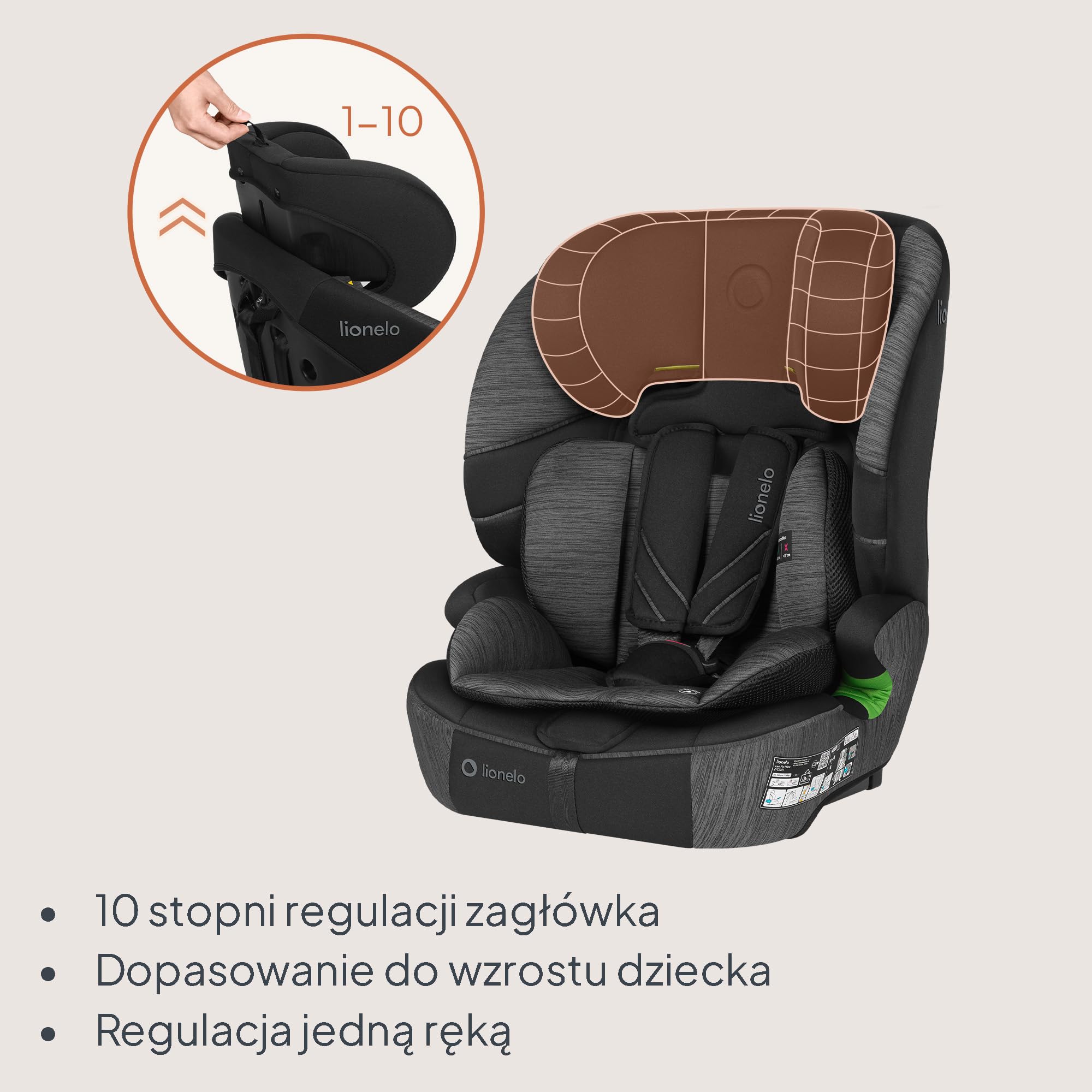 Lionelo Levi Fix I-SIZE fotelik dziecięcy 76-150 cm do 18 kg, grupa 1 2 3, osłona boczna, regulacja zagłówka 10 stopni, ISOFIX i montaż Top Tether, R129 i-Size