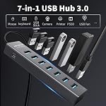4Ft 7-Port USB 3.0 Hub Cable for Desktop, Aluminium USB Hub 5Gbps USB Splitter Multiport Adapter, USB Splitter with 5V 3A Type-C Port for PC, Laptop, MacBook, U-Disk, Mouse