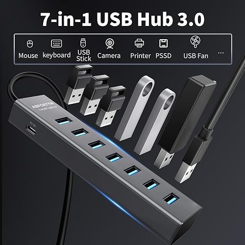 Miniatura 4 de Hub USB 3.0 de 4 pies y 7 puertos para escritorio, concentrador USB de aluminio, 5 Gbps, adaptador multipuerto USB, divisor USB, cable largo para