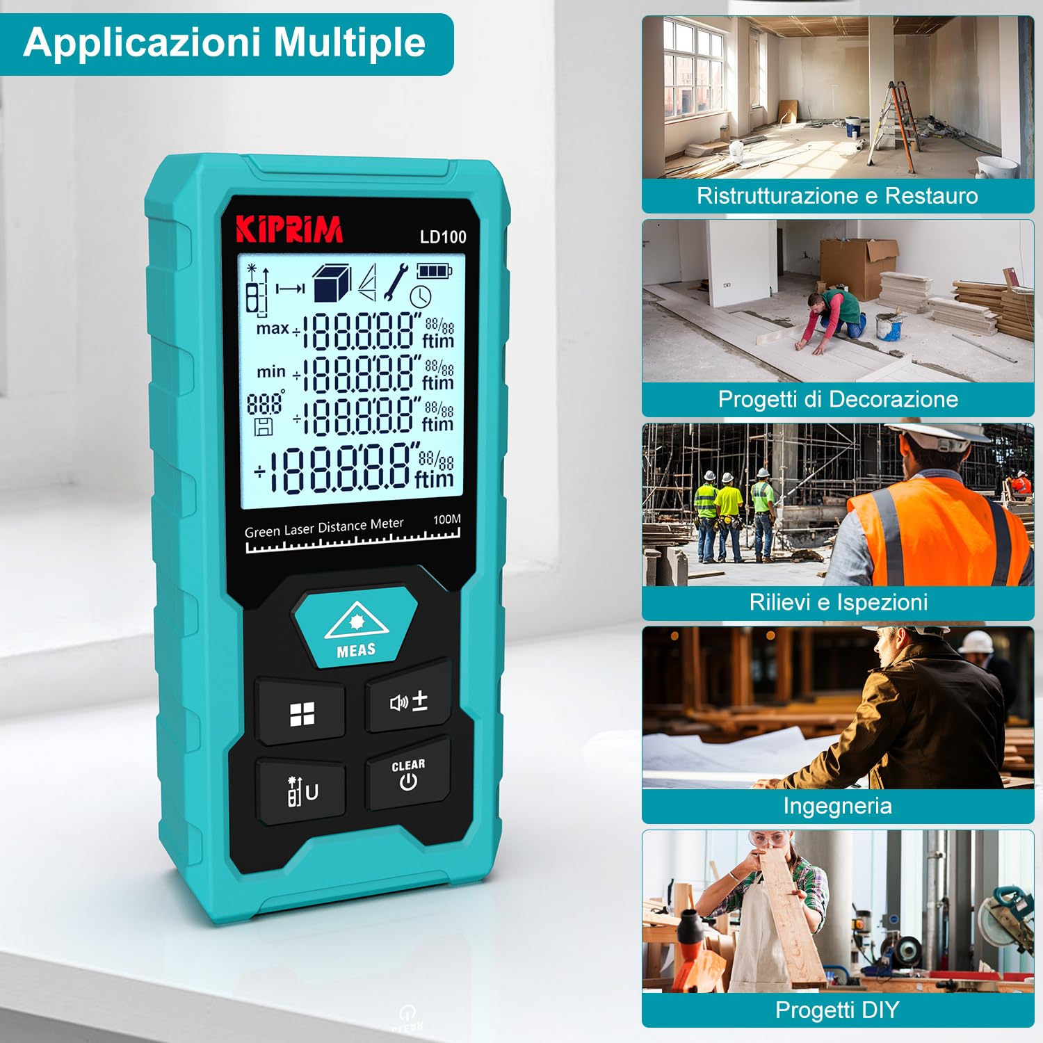 Kiprim Metro Laser Professionale, 100m Portata, ±2mm Precisione, Classe II Laser, Misuratore Laser Ricarica USB-C, Bolla Elettronica, 10 Modalità Misura, con Pannello Riflettente - LD100
