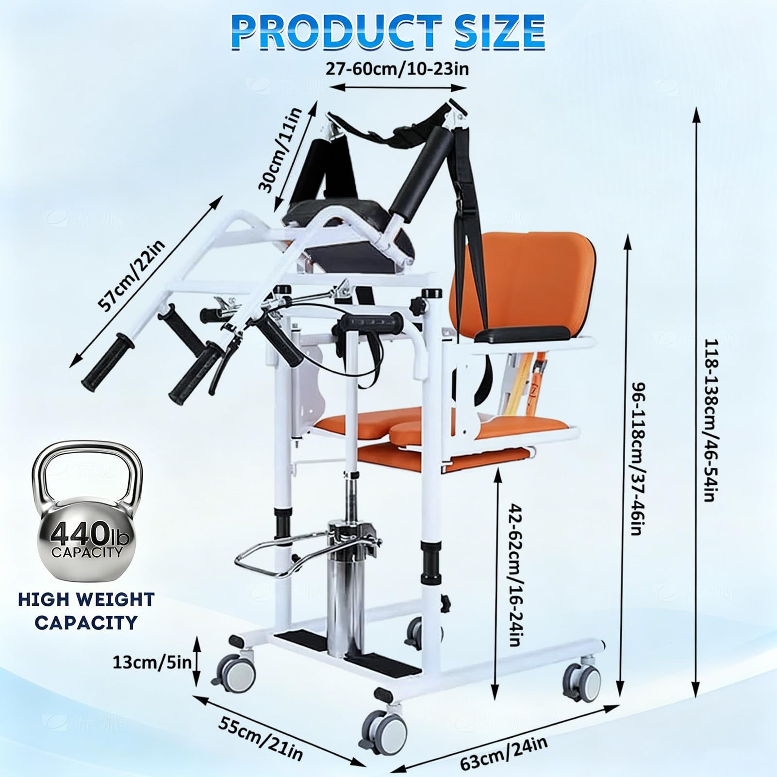 Silla Grua de Transferencia para Discapacitados Pacientes | Elevador Hidráulico 200kg, Asiento 180°, Altura 41-65cm, 4 Ruedas con Frenos, Uso en Hogar/Residencia/Hospital