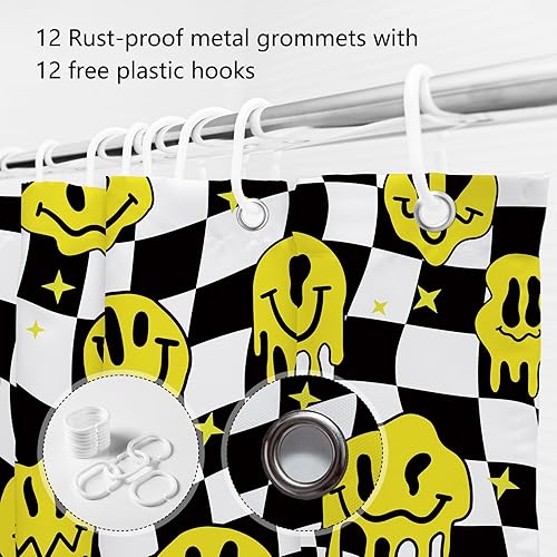 Miniatura 5 de MEHOFOND Cortina de ducha a cuadros negros y blancos, divertidas cortinas de ducha con cara sonriente para decoración de baño, cortinas de ducha