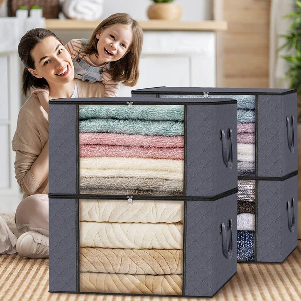 6 Pack Large Storage Bags for Clothes Foldable Storage Bins, Closet Organizers and Storage Containers, Blanket Clothing Comforter Closet Toys Storage, Moving Totes, 90L, Grey
