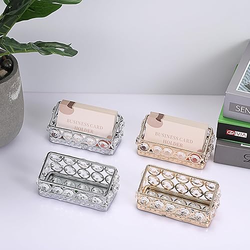 Miniatura 7 de Hipiwe Paquete de 2 soportes para tarjetas de visita de cristal de metal dorado para escritorio, oficina, organizador de almacenamiento de tarjetas