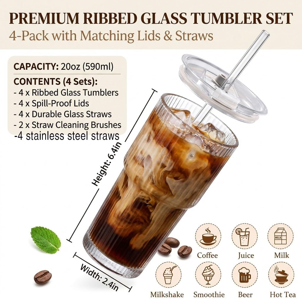 Iced Coffee Cups with Lids: Glass Cups with Lids and Straws 20oz - Ribbed Glass Tumbler with Straw and Lid - Tumbler Leak Proof Aesthetic Drinking for Coffee Bar Accessories (4PCS)