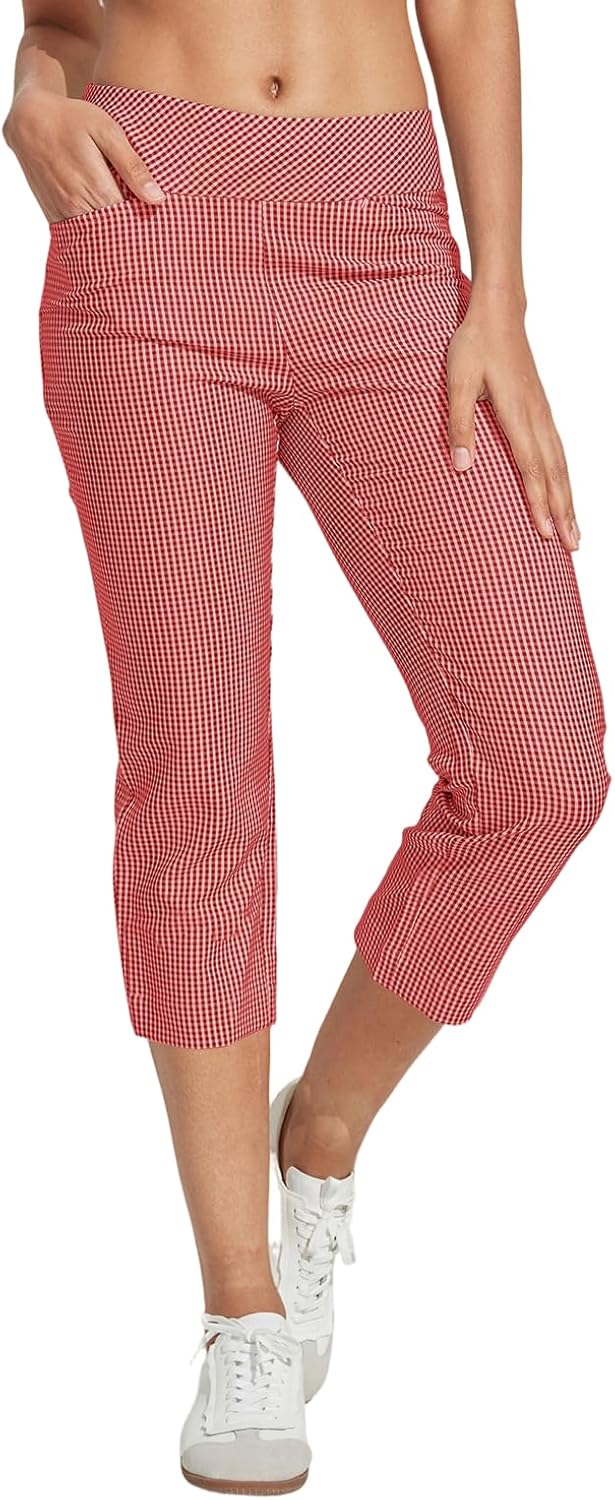Womens Golf Plaid Pants Business Casual Checkered Capri Pant for Women Stretch Sweatpant with Pockets for Athletic Travel